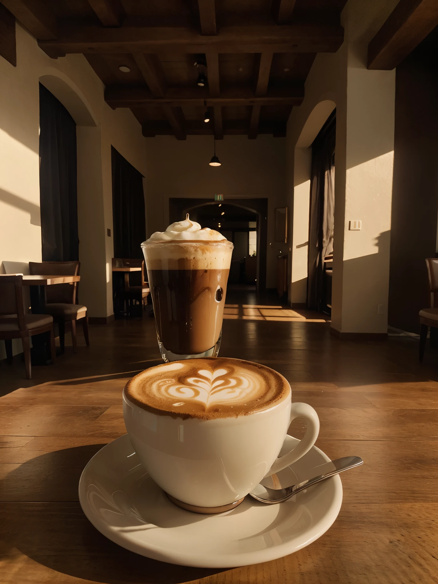 the photo just captures a tumblr-style cappuccino. The photo was taken in an environment similar to a hotel, there are no people around, sunlight, dark with beams of light in the background. Fully decorated scene. Photography for Instagram