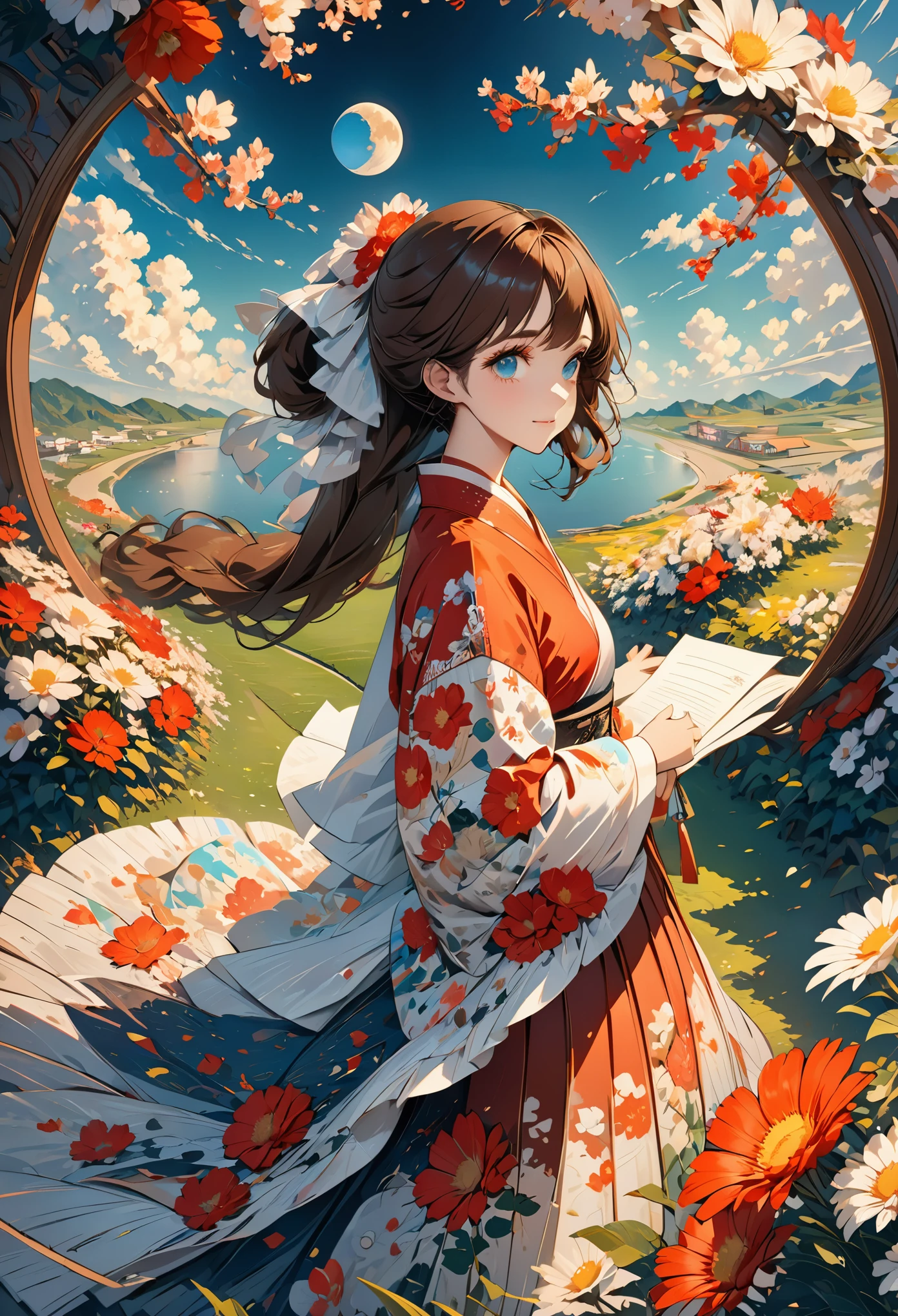 (masterpiece),(best quality), illustration, (fantasy:1.4), long brown hair, long eyelashes, solid round eyes, faint smile, Surrealism, shadow, relief, Stereo view, atmospheric perspective, 8k, Ultra-detailed, precise, best quality, ultra high definition, textured skin, long skirt, a moon, flowers , Paper_cut