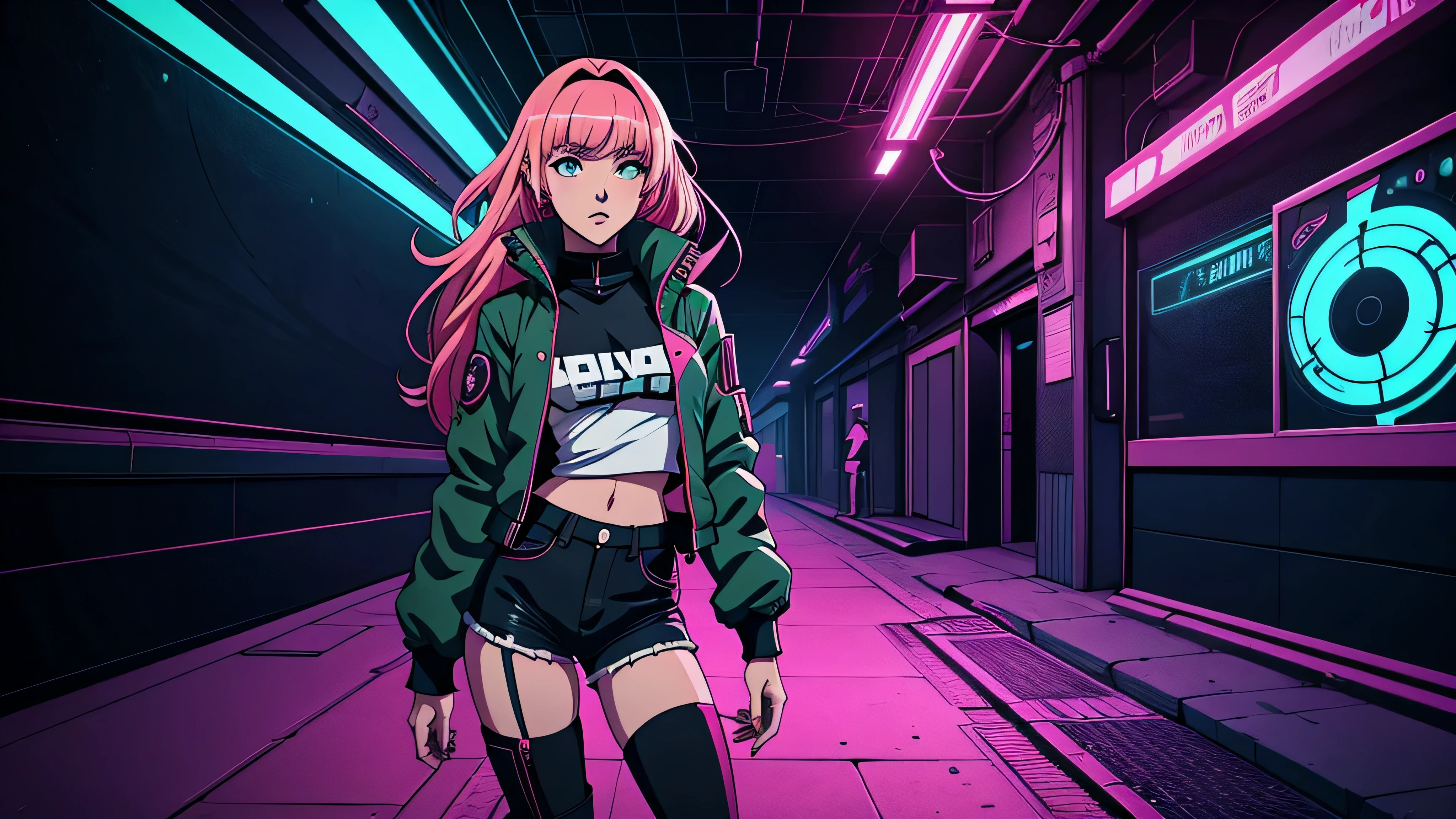 garota de anime, corpo inteiro, blusa ciberpunk, jaqueta de couro, Botas Martem, Fones de ouvido em volta cabelo, Capa do álbum Anime Phonk Brain Sick, musica, ondas sonoras, com cores vermelho e preto neon