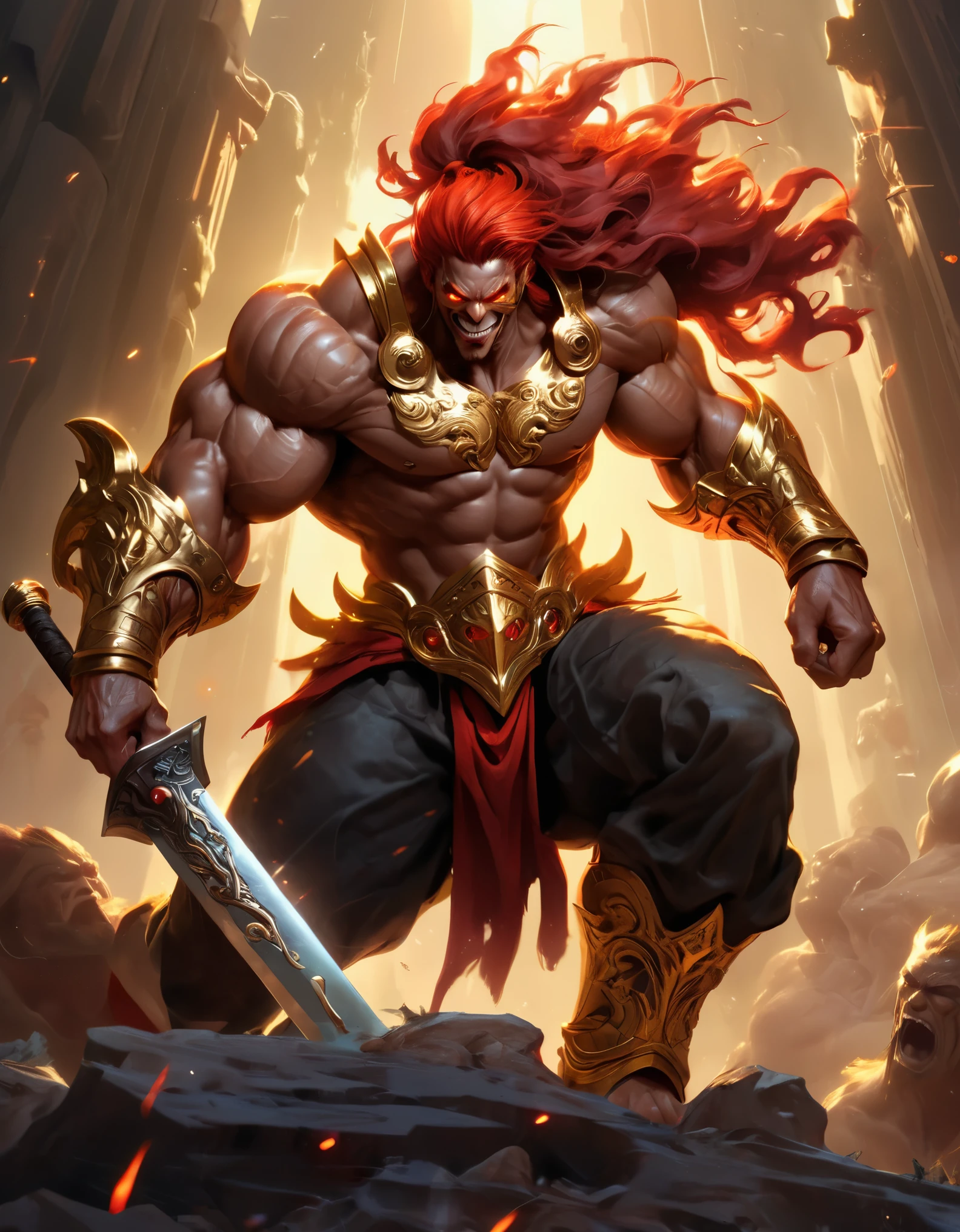 "A neon-lit fantasy world comes to life on your t-shirt, as an undead man plays his 3ds with surreal precision. The cosmic colors and detailed rendering will transport you to another dimension."Yujiro Hanma,serene smile,detailed red hair,muscular body,tough expression,intimidating presence,powerful stance,showcasing his immense strength" (best quality,highres,ultra-detailed,realistic),shiny,golden armor,impressive,strong,fierce expression,sharp eyes,defined muscles,big,bold,short hair,big mustache,powerful,tall,majestic,historical,heroic,mythological,dominant figure,regal presence,confident stance,holding a massive golden ax,gleaming,ornate details,glowing with light,striking contrast,rich textures,commanding presence,idealized image,perfect physique,enhanced proportions,imposing stature,emphasis on power and strength,ancient warrior,legendary hero,proud and noble,unyielding,unstoppable force of nature,epic battle scene,surrounded by golden light,divine aura,overlooking a dramatic landscape,golden rays of sunlight,subtle shadows,hero conquering the world,inspiring awe and admiration,classic masterpiece in the making.