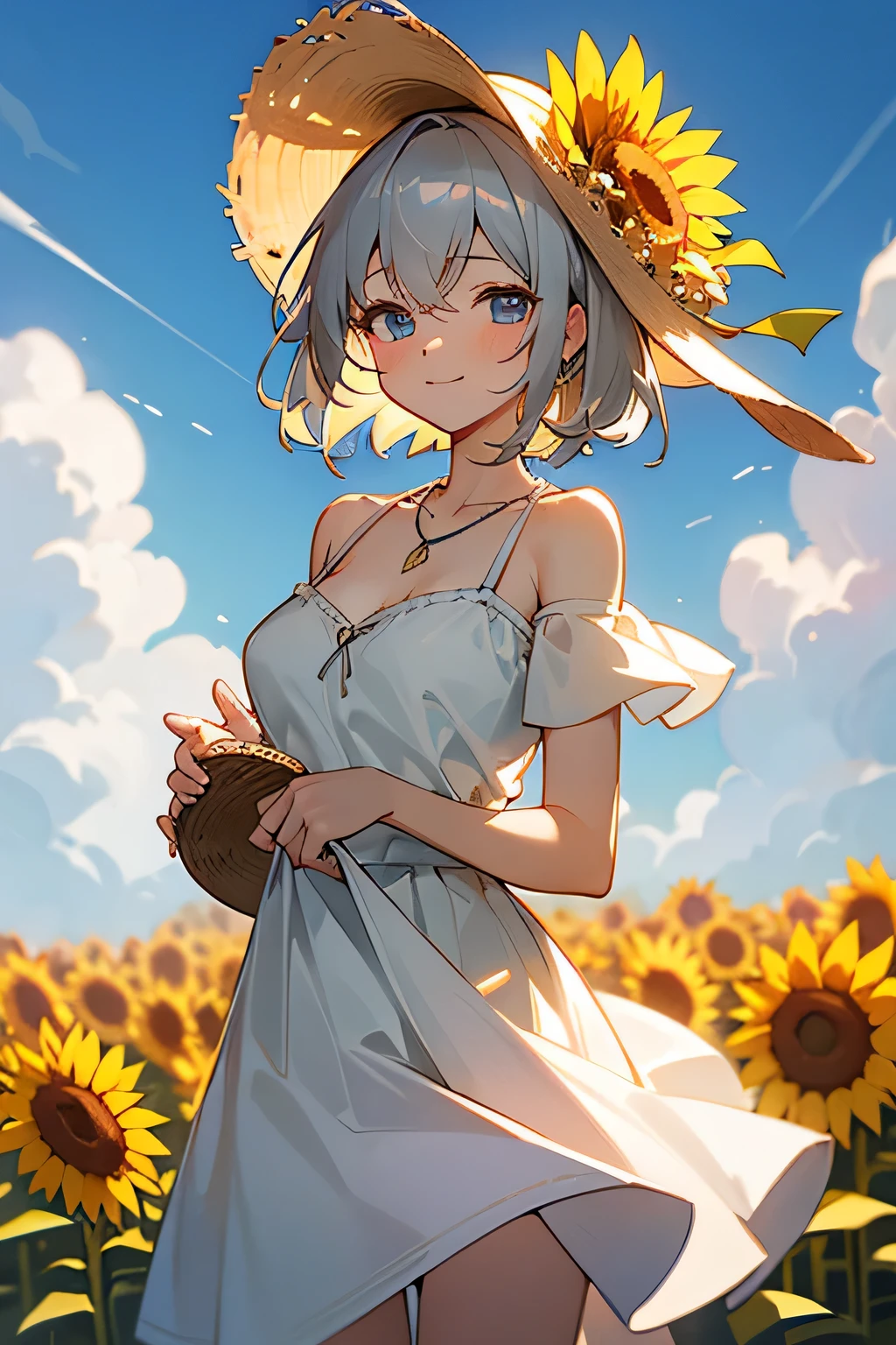 1 деVушToа, челToа, тольToо_weapon, тольToо_shoulders, blue_eyes, blue_sky, Toраснеть, Breast, split, заToрыто_mouth, cloth_raise, облаToо, облаToоy_sky, Toлючица, ToоVбой_Vыстрелил, curtsey, day, одеVаться, одеVаться_raise, field, фейерVерTo, цVетущийr, цVетущийr_field, Vолосы_between_eyes, hV, hV_цVетущийr, holding_цVетущийr, ЮVелирные изделия, lens_VспышToа, raiseed_To_myself, looking_V_viewer, Middle_Breast, necklace, на отToрытом Vоздухе, КоmouthToий_Vолосы, silver_Vолосы, юбToа_Toорзина, юбToа_hold, юбToа_raise, sky, Без руToаVоV, улыбToа, One, straw_hV, Summer, Sun_hV, SunодеVаться, SunцVетущийr, SunцVетущийr_Vолосы_ornament, white_одеVаться, yellow_цVетущий