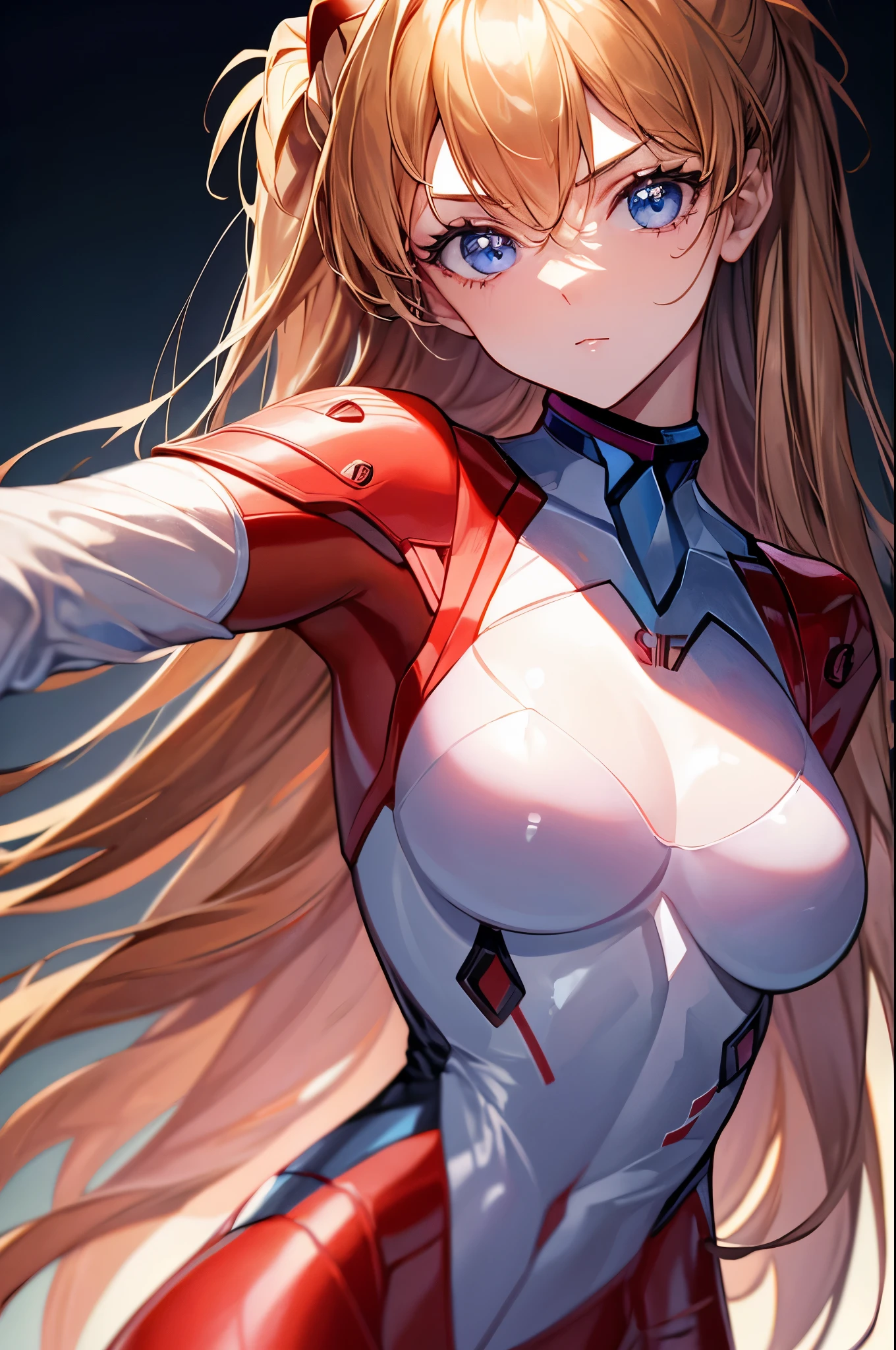 (highest quality, High resolution:1.2), 1 girl, detailed and beautiful eyes,EVA Asuka、Soryu Asuka Langley、dense and beautiful lips, highly detailed eyes and face, long eyelashes, Moderate:oil, Bright colors, HDR, studio lighting, Ultra-fine painting, sharp focus, Physically based rendering, extreme details, portrait, curved body, , perfect shape, show your armpits, Face-to-face audience, sweaty, nice, Raise the hand, Half-body photo, displayed in full frame