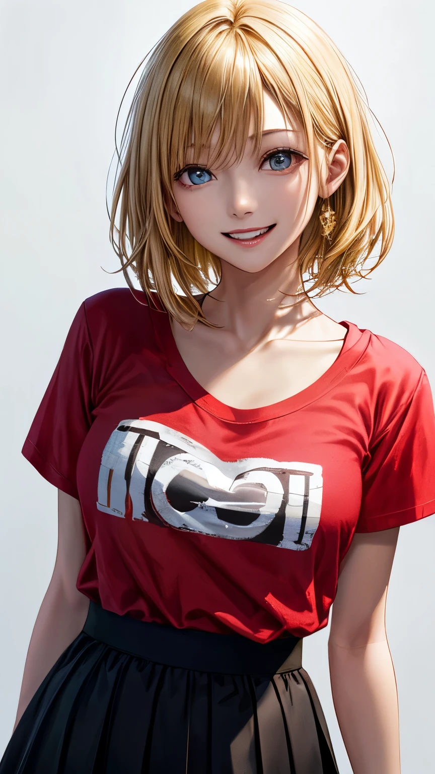 A close up of a woman with a red shirt and black skirt - SeaArt AI