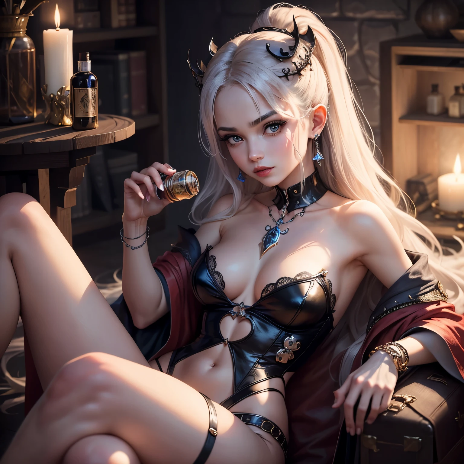 Create a perfume named "Eternal Balance" in a mystical kingdom ruled by the Skeleton King. The bottle takes the form of an ancient, ornate king calendar, intricately designed with bones and precious gems. The perfume itself is infused with the allure of Harley Quinn's captivating giggle, her essence captured at with long, voluminous hair. A hint of smoldering fogo adds an exotic, enchanting twist, while the serene fragrance wafts through the air, bringing harmony to bewitched pessoas.
This rare perfume is also sought after by the goblins and the demons, adding