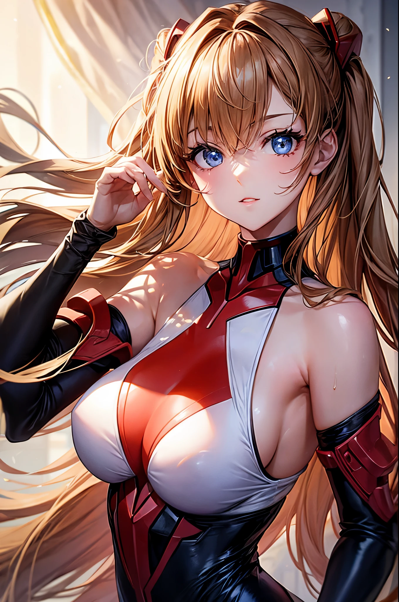 (highest quality, High resolution:1.2), 1 girl, detailed and beautiful eyes,EVA Asuka、Soryu Asuka Langley、dense and beautiful lips, highly detailed eyes and face, long eyelashes, Moderate:oil, Bright colors, HDR, studio lighting, Ultra-fine painting, sharp focus, Physically based rendering, extreme details, portrait, curved body, , perfect shape, show your armpits, Face-to-face audience, sweaty, nice, Raise the hand, Half-body photo, displayed in full frame