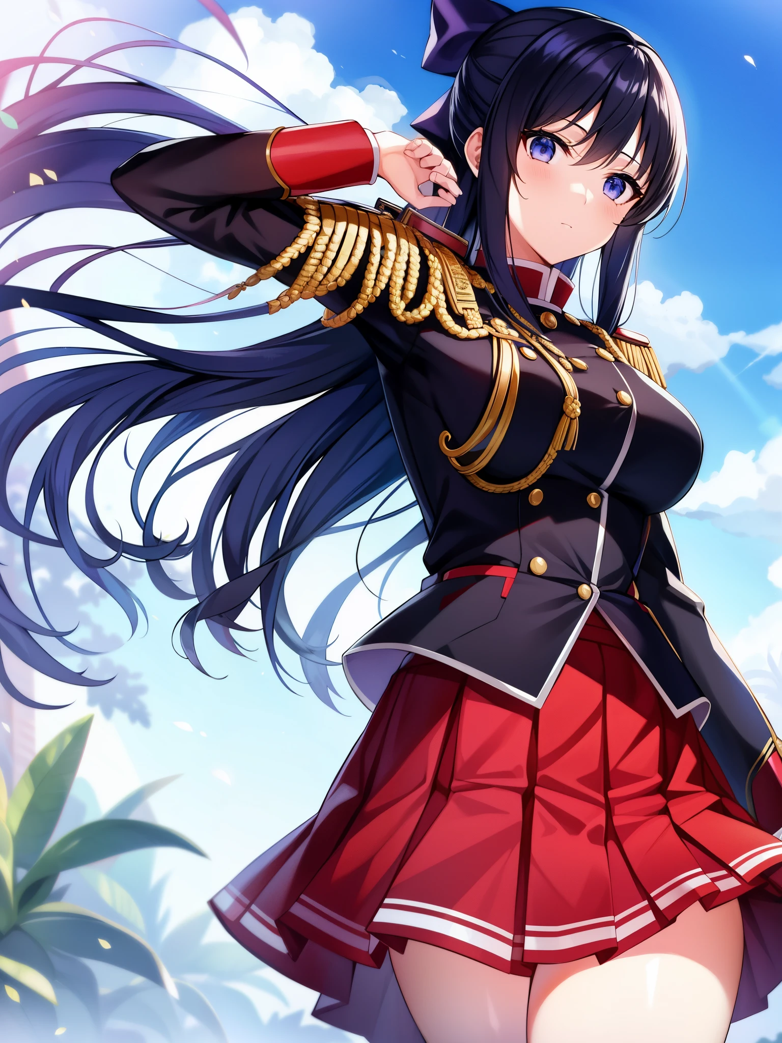 Walkure Romazze、Kendo hall、Akane Ryuzoji、2nd year student at Winford Academy。Major in Knighthood、（（（Black Knight）））+++、（（（Black Knight）））+++、1 person、solo、Are standing、Akane Def、hair ribbon、epaulettes、Egillet、skirt、school uniform、