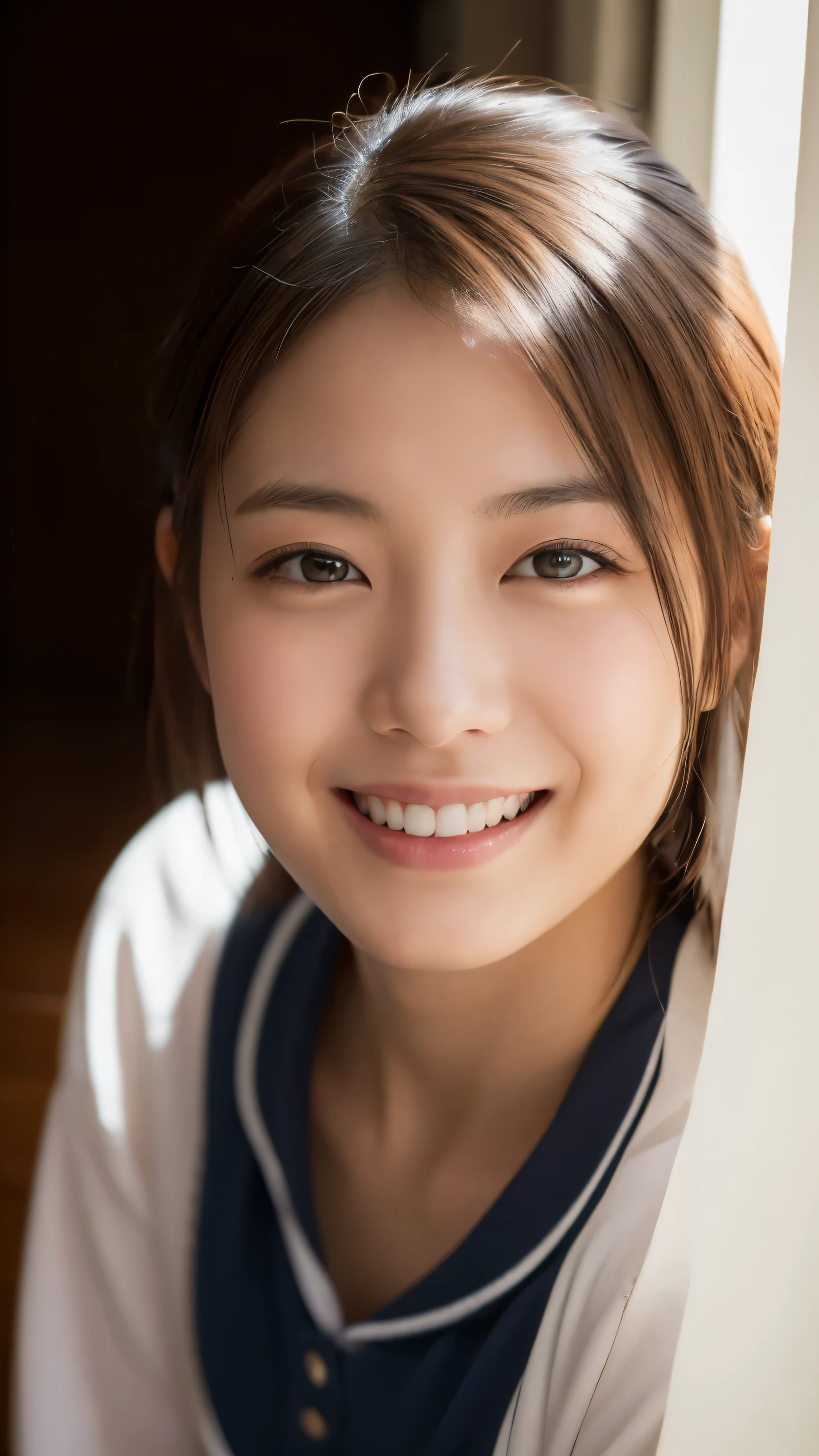 (highest quality,masterpiece:1.3,ultra high resolution),(Super detailed,caustics,8k),(realistic:1.4,RAW shooting),1 girl,(smile and look down at the camera),(front shot:1.1),(look forward to),18-year-old,cute,Japanese,Black short ponytail,school uniform,glamorous,(big ),( close),street,sunlight,Natural light,sunlight,professional writing,(cowboy shot),(low position:1.3),(Low - Angle:1.3)