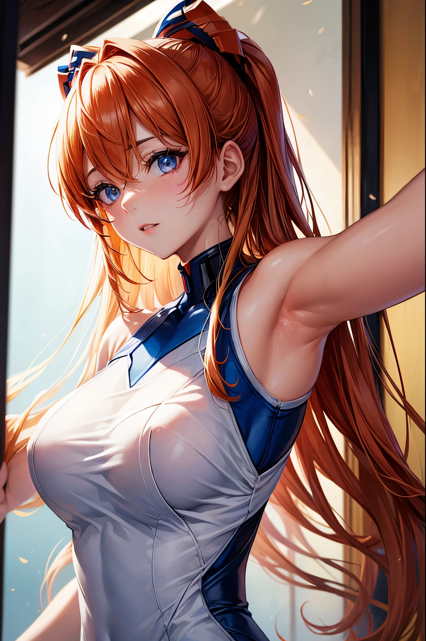 (highest quality, High resolution:1.2), 1 girl, detailed and beautiful eyes,EVA Asuka、Soryu Asuka Langley、dense and beautiful lips, highly detailed eyes and face, long eyelashes, Moderate:oil, Bright colors, HDR, studio lighting, Ultra-fine painting, sharp focus, Physically based rendering, extreme details, portrait, curved body, , perfect shape, show your armpits, Face-to-face audience, sweaty, nice, Raise the hand, Half-body photo, displayed in full frame