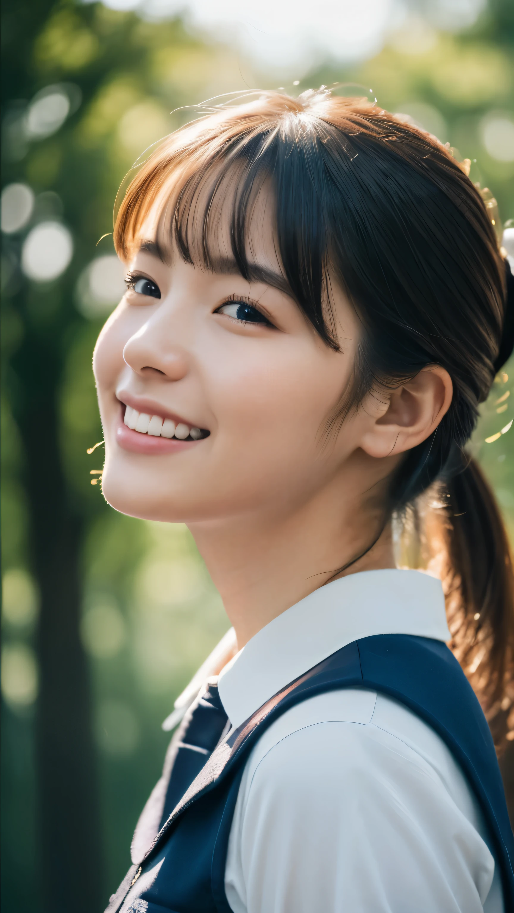 (highest quality,masterpiece:1.3,ultra high resolution),(Super detailed,caustics,8k),(realistic:1.4,RAW shooting),1 girl,(smile and look down at the camera),(front shot:1.1),(look forward to),18-year-old,cute,Japanese,Black short ponytail,school uniform,glamorous,(big ),( close),street,sunlight,Natural light,sunlight,professional writing,(cowboy shot),(low position:1.3),(Low - Angle:1.3)