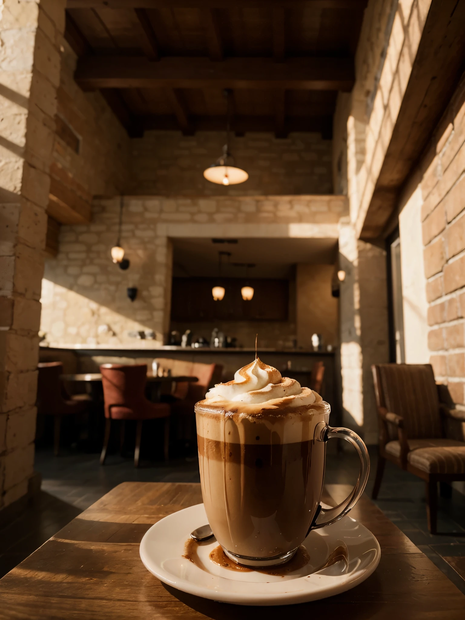 Tumblr-style photography of cappuccino, the photo only captures a cappuccino. The photo was taken in an environment similar to a hotel, there are no people around, sunlight, dark with beams of light in the background. Fully decorated scene.