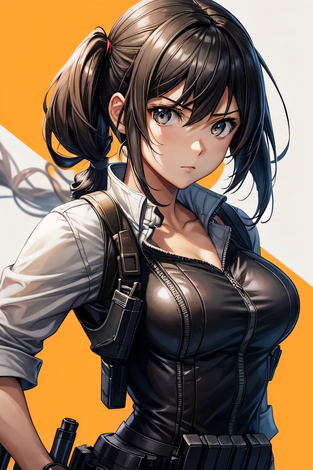 a woman with a gun in her hand and a black blouse, kantai collection style, makoto shinkai ( apex legends ), protagonista feminina 👀 :8, from linha de frente das meninas, makoto shinka, makoto, estilo anime 4k, Retrato de Tifa Lockhart, detalhes finos. linha de frente das meninas, inspirado em Li Shida, estilo de arte anime moe