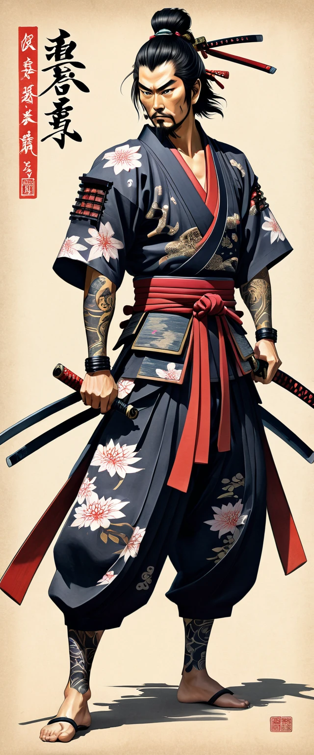 evil authentic illustrated Washipaper close full body infp complex evil Miyamoto Musashi battle pose add weapon(perfect anatomy), Beautiful firm round busts, perfect busts, authentic tattoo designs drawn directly all over the body, bold medium, authentic samurai Art Design, Cutting-edge samurai fashion, Innovative, The center of attention,japanese prefecture, honk kong, Special laser art design, -motto,against a complex Background, --niji 50 --chaos 30 --testpfx
