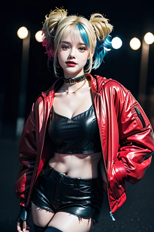 best quality,HDR,UHD,8K,Vivid Colors,solo,front view,photo_(medium),(looking at viewer:1.2),(1girl:1.3),
cowboy shot,outdoors,city lights,night sky, Harley Quinn,(two-tone hair:1.3),twintails,