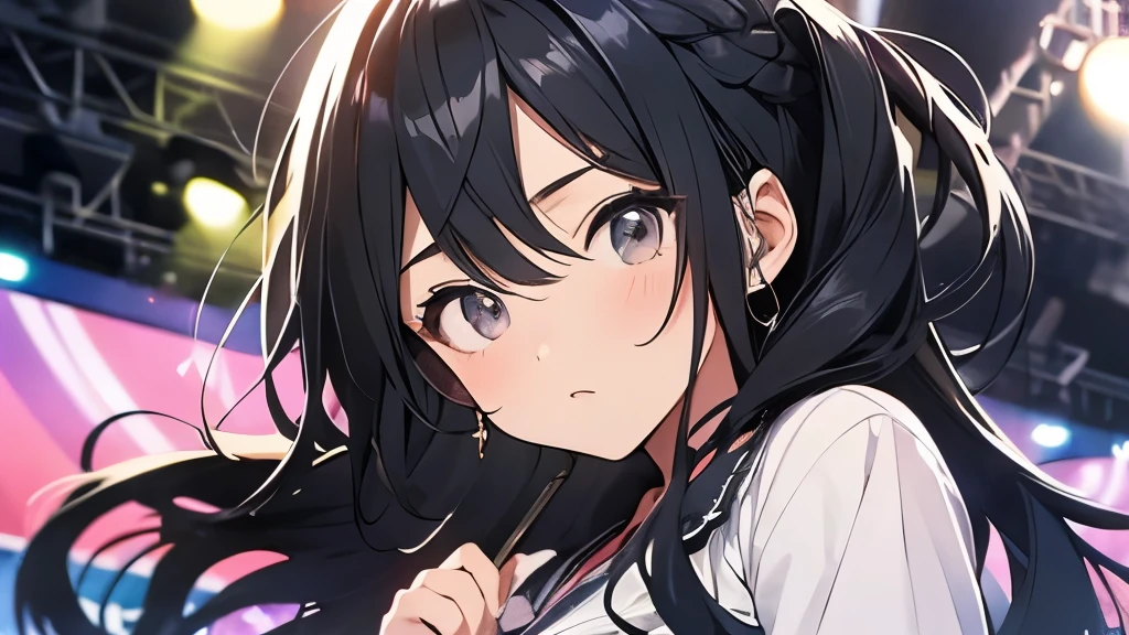 20歳のIdol、hair is black、long hair、eyes are big、Idol、live、on stage、Has a puzzled look on his face