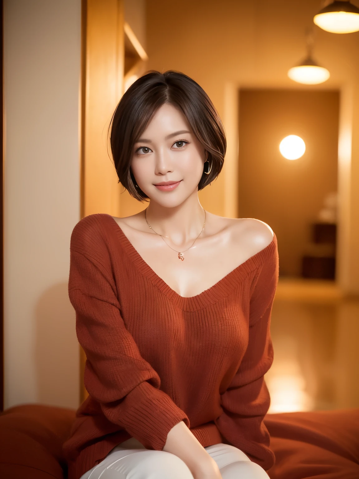 one mature woman、38 years old、Japanese,looking at the viewer,(brown sweater),(white wool pants),（真珠のnecklaceを着けている）、 shiny face,shiny skin,shortcut,necklace,earrings,（C cup breasts）,black hair,red mouth,clavicle,beautiful fingers,full body portrait,  short hair, bob cut, 8k, Super detailed, highest quality, rough skin, anatomically correct, masterpiece , highest quality, cinematic lighting, Use perspective throughout , surrealism , ,(realistic:1. 3),(RAW photo) , black hair, light smile, short hair, bob cut, anaglyph, stereogram, (mature woman:1), (38 years old), ((close:0.5)), glare, double eyelid, lip gloss, (smile:1), ((close your eyes:0.85)), red mouth, clavicle, ((looking at the viewer)), (short hair of reddish-brown color wet and shiny,), (I can see the whole body) , Slightly thick body type , wide eyed , perfectly round eyes , fine texture 