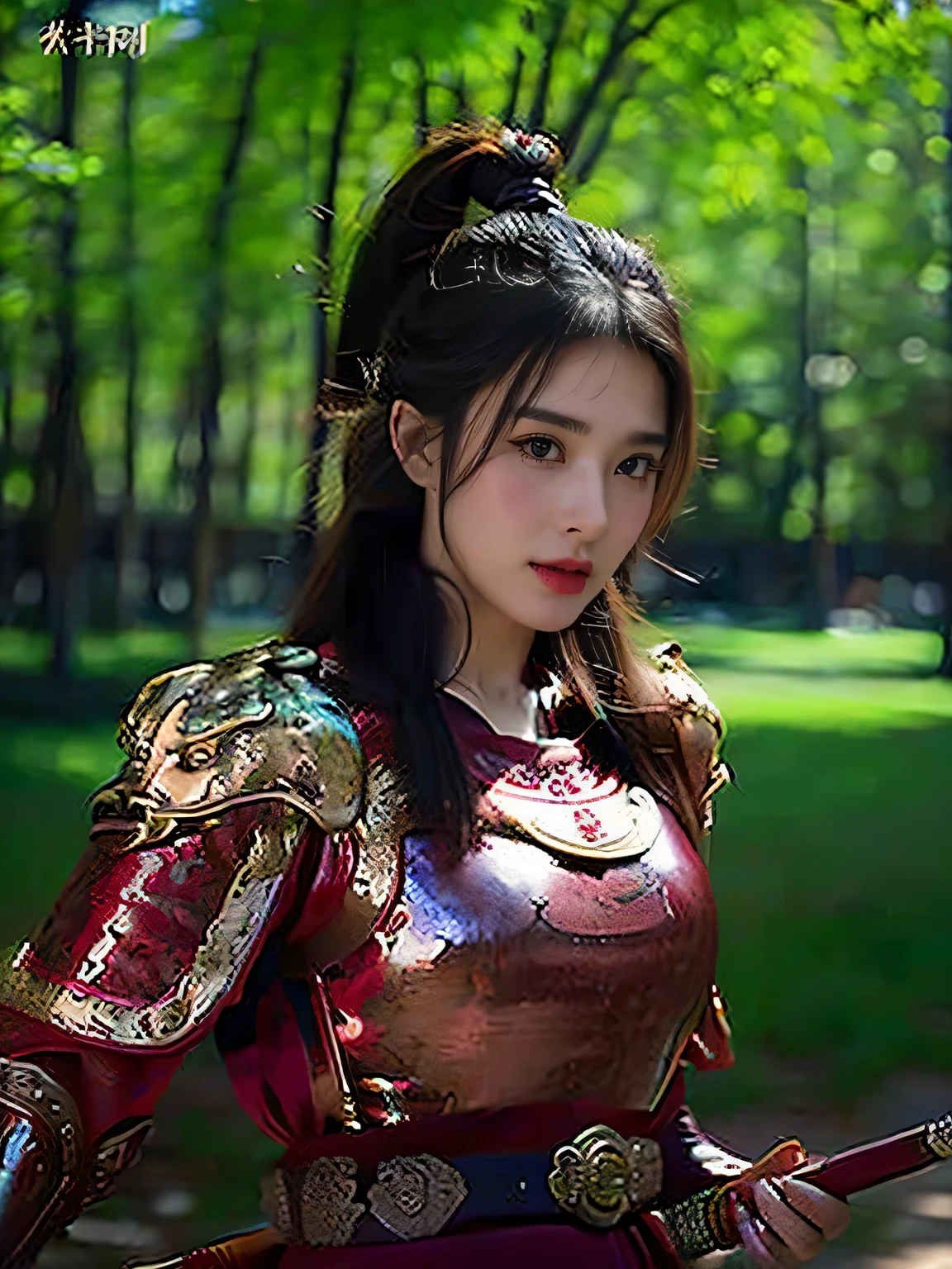 masterpiece，Best quality，HD quality，face close-up，（Detailed sculpting of eyes），Laugh，（corners of mouth raised），8K，Ancient battlefield background, ((field：1.8))，(Female generals on the battlefield in the Han Dynasty)，Lead the horse，18-year-old girl，（long ponytail hairstyle)，cparted lips，Full and erect breasts，Chinese architecture,red cloak，The combination of white metal and red leather，chest armor，（（Cool and gorgeouig breasts))，Chest groove，Three Kingdoms character painting style，Photo pose，oc render reflection texture，Head-up shot，bright afternoon，woodland background