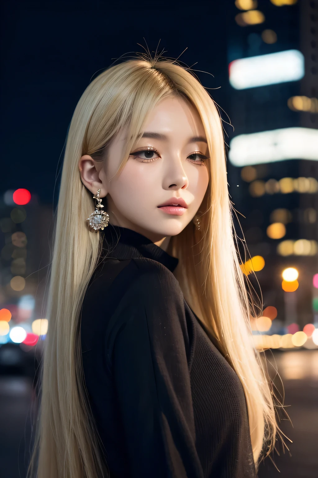 girl, City, night, skyscraper, Eyes open, winter, blonde hair, eyes closed, shed tears, sad, black hair, straight hair, earrings, angry, sad, Japanese cartoons, Japanese cartoons style, Baroque, Japanese cartoons, Japanese cartoons style, high quality, 1080p