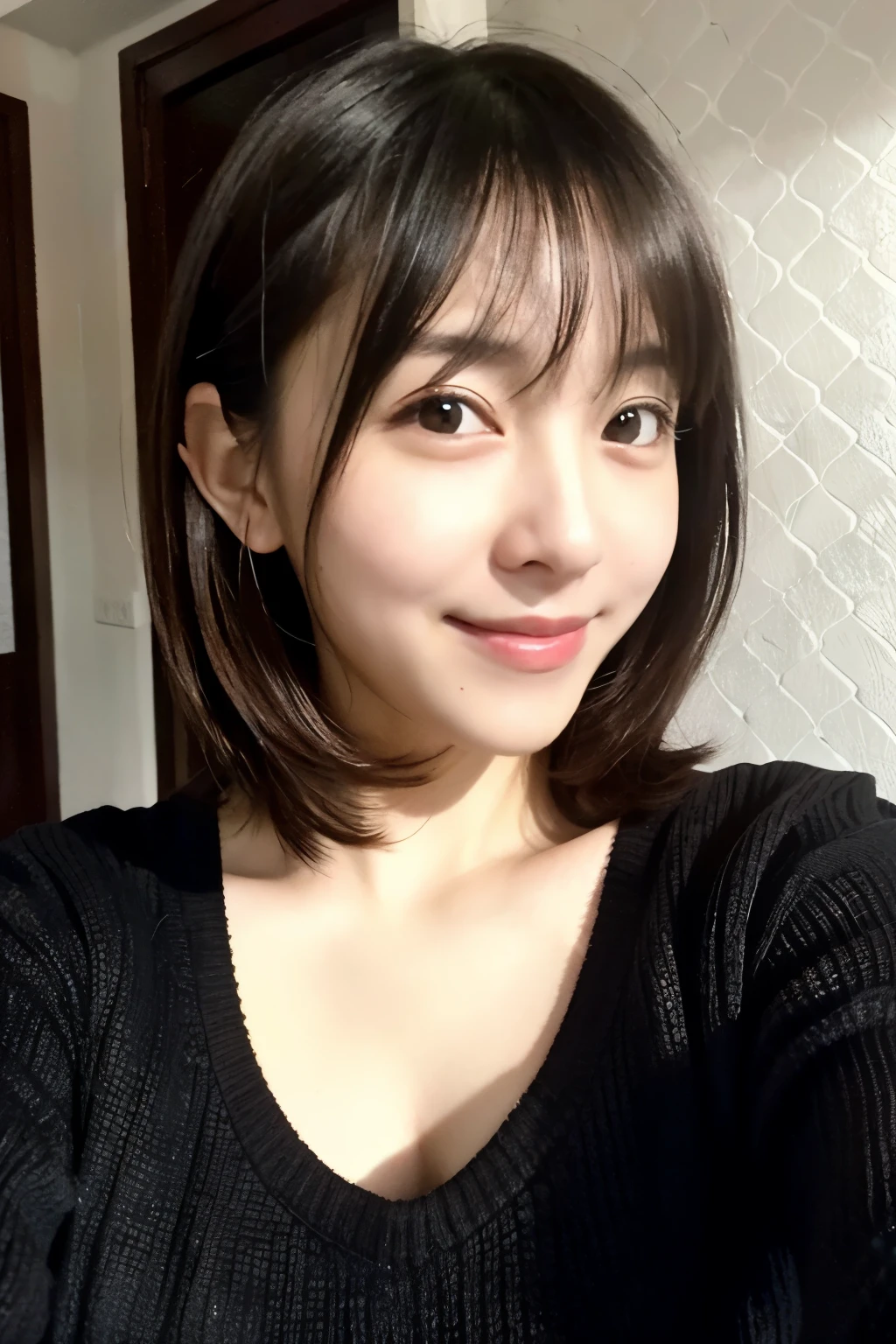 night、One female, selfie、face close up、cheerful smile、big tear bag、Room lighting:none、front lighting:weak、Photo taken with iPhone、Japanese cute half-haired girl、profile、looking at the camera、black sweater, white wallpaper only, Rooms without lights、