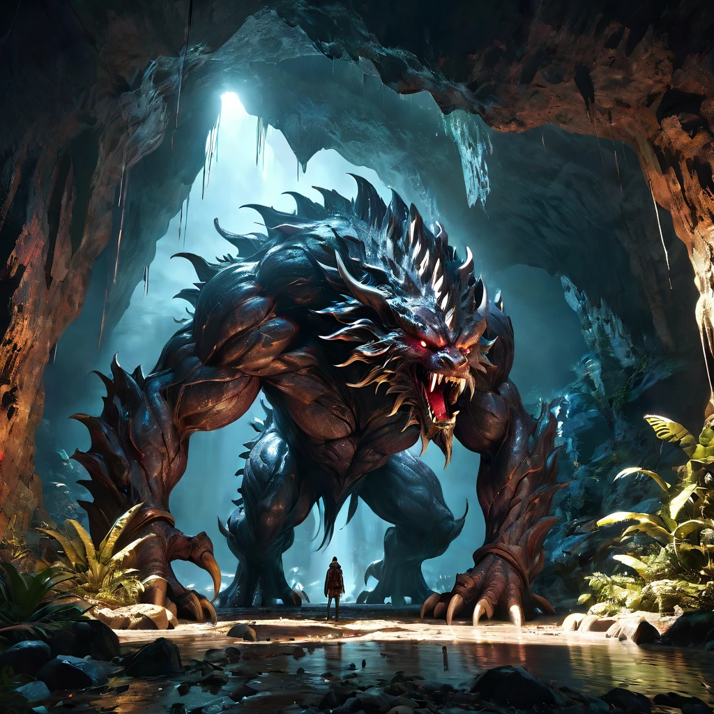 Giant creature, aesthetic, extremely detailed, Giant Creature in a dark cavern, Hyper realistic, Dark-Art, 8K, concept art, filmic, HDR, volumetric lighting, highly detailed, cinematic lighting, artstation, vibrant nature, volumetric light, octane render, redshift render, camera close up, rich deep moody colors, ultra realistic