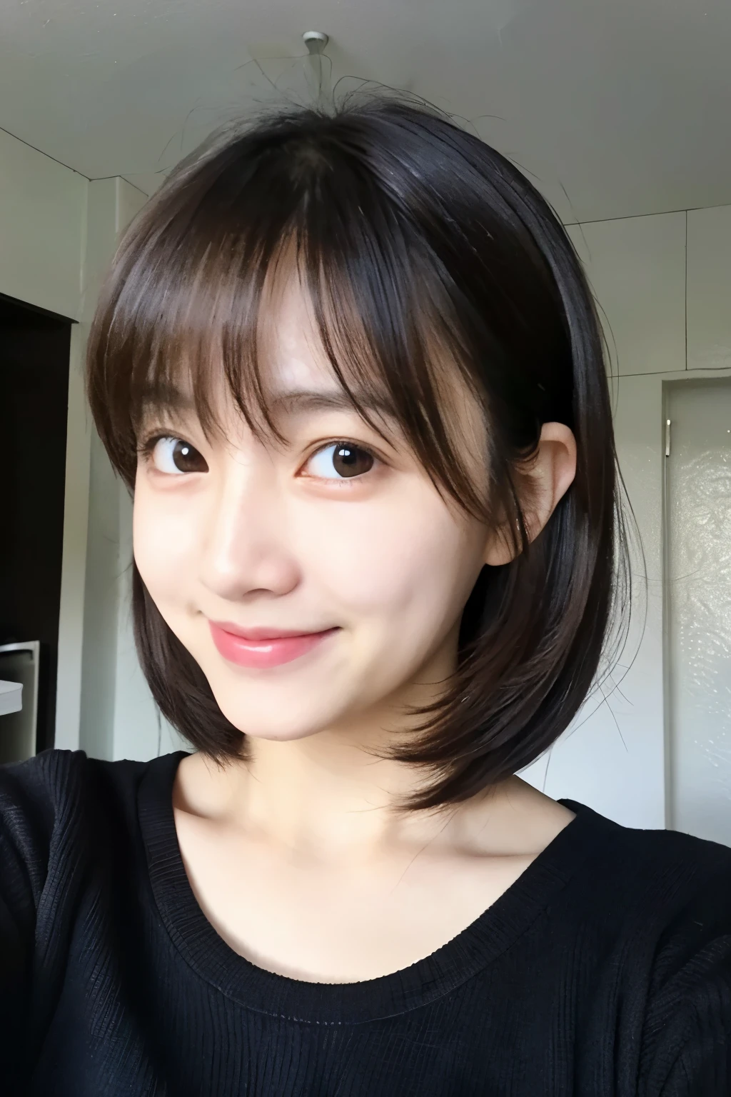 One female, selfie、face close up、cheerful smile、big tear bag、Room lighting:none、front lighting:weak、Photo taken with iPhone、Japanese cute half-haired girl、profile、looking at the camera、black sweater, white wallpaper only, Rooms without lights、