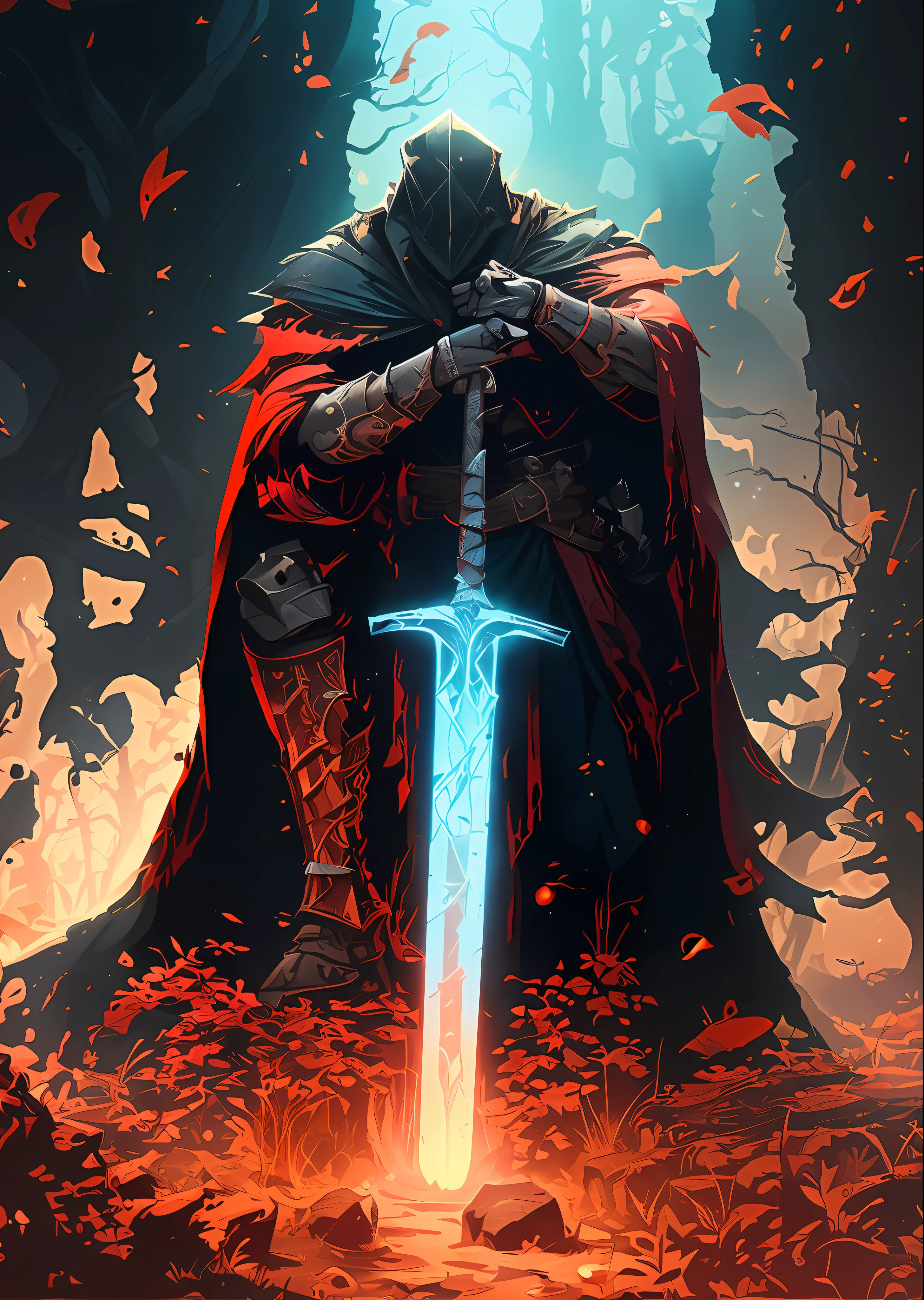 a man in a cloak holding a sword in a dark black and red forest, hold sword in the forest, glowing sword (red),dark fantasy style art, dark fantasy artwork, 8k fantasy art, dark fantasy style, 4k fantasy art, epic fantasy art style hd, dark fantasy art, dark fantasy concept art, epic fantasy digital art style, in style of dark fantasy art, glowing sword in hand