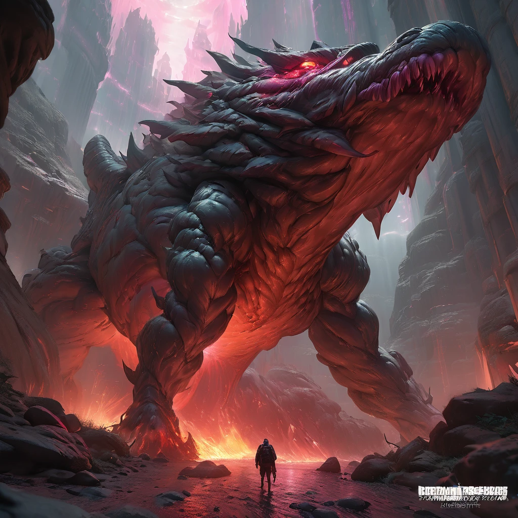 Giant creature, aesthetic, extremely detailed, Giant Creature in a dark cavern, Hyper realistic, Dark-Art, 8K, concept art, filmic, HDR, volumetric lighting, highly detailed, cinematic lighting, artstation, vibrant nature, volumetric light, octane render, redshift render, camera close up, rich deep moody colors, ultra realistic