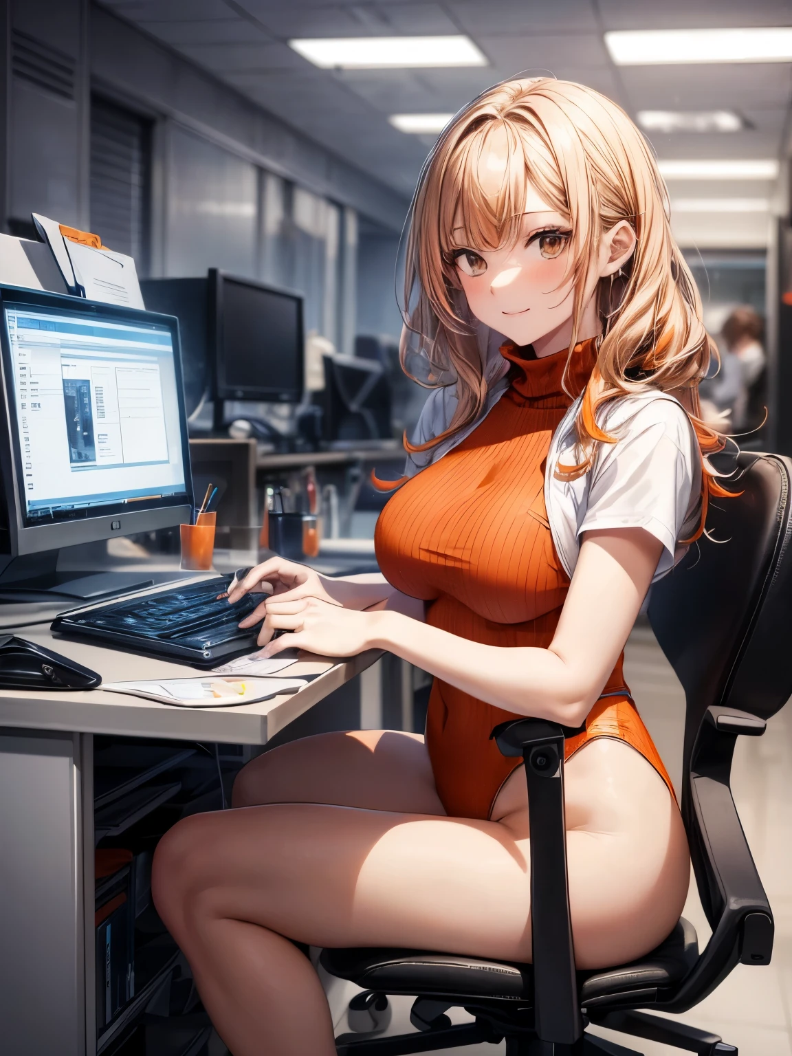 highest quality、All limbs、full finger、orange hair woman、wavy hair woman、Slender beauty、1 female、(((A woman wearing an orange high neck leotard:1.3))), bare hands、barefoot、big smile、office、officeデスク、officeチェアに座っている女性、A woman is operating a computer