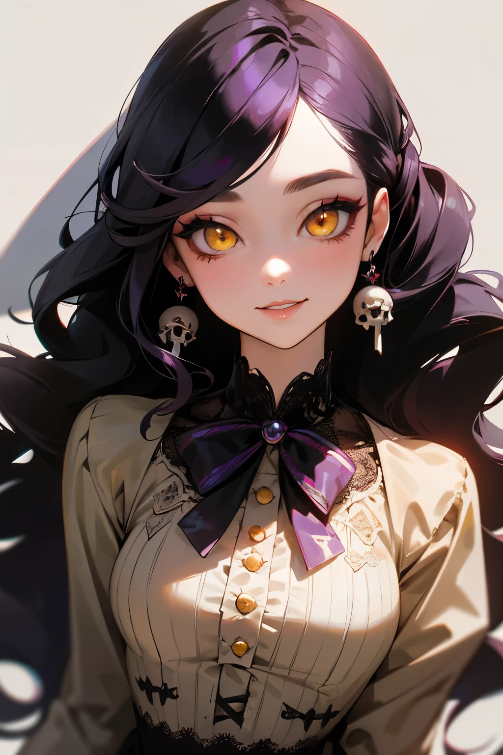 masterpiece, best quality, intricately detailed, a woman, beautiful, elegant, smile, blood, iridescent long hair, bangs, bow, hair bow, skirt, shirt, long sleeves, frills, shoes, bowtie, (red and black:1.4), flower, creepy, horror, skulls, Semi-realistic anime portrait, 1woman, ((yellow doe eyes)), purple hair, long hair, wavy hair, swept bangs, pretty eyes, juicy lips, black modern lace croptop, round earrings and rings, pretty face of makeup, red eye shadow, doll-like face, fake bright smile, popular party girl, shadow casting over eyes