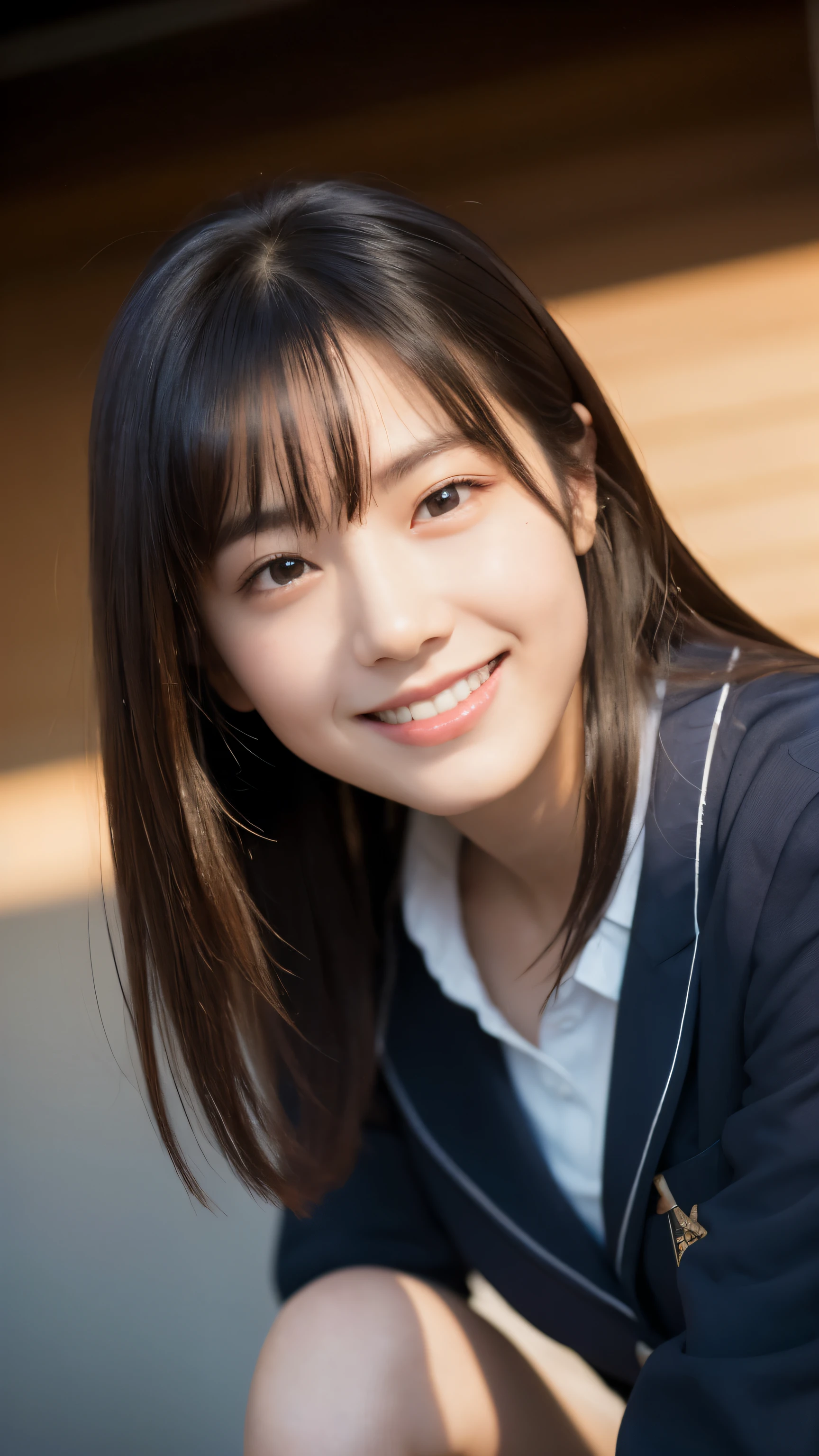 (highest quality,masterpiece:1.3,ultra high resolution),(Super detailed,caustics,8k),(realistic:1.4,RAW shooting),1 girl,(smile and look down at the camera),(front shot:1.1),(look forward to),18-year-old,cute,Japanese,Black short ponytail,school uniform,glamorous,(big ),( close),street,sunlight,Natural light,sunlight,professional writing,(cowboy shot),(low position:1.3),(Low - Angle:1.3)