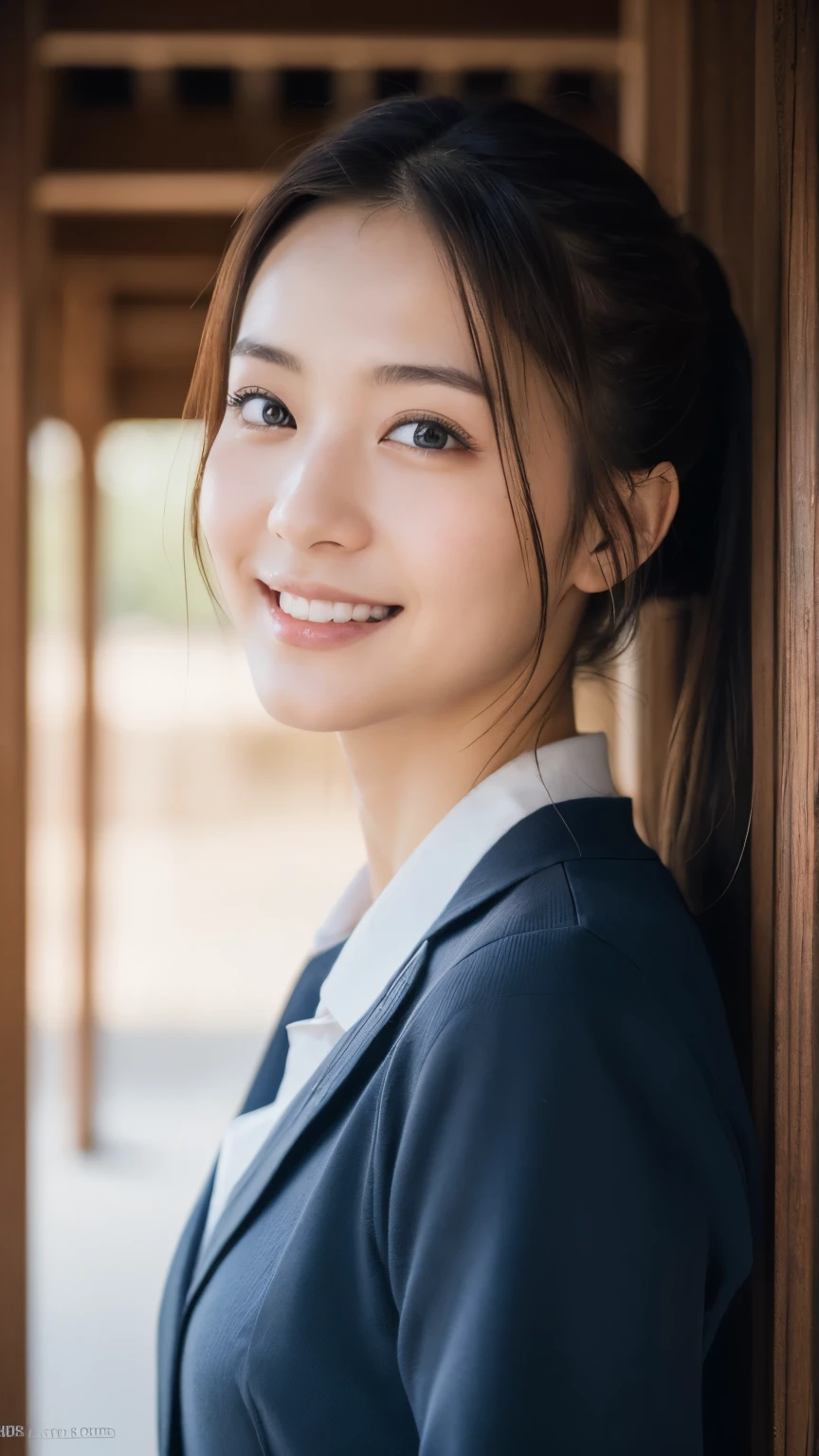 (highest quality,masterpiece:1.3,ultra high resolution),(Super detailed,caustics,8k),(realistic:1.4,RAW shooting),1 girl,(smile and look down at the camera),(front shot:1.1),(look forward),18-year-old,cute,Japanese,Black short ponytail,school uniform,glamorous,(big ),( close),street,sunlight,Natural light,Sunlight,professional writing,(cowboy shot),(low position:1.3),(Low - Angle:1.3)