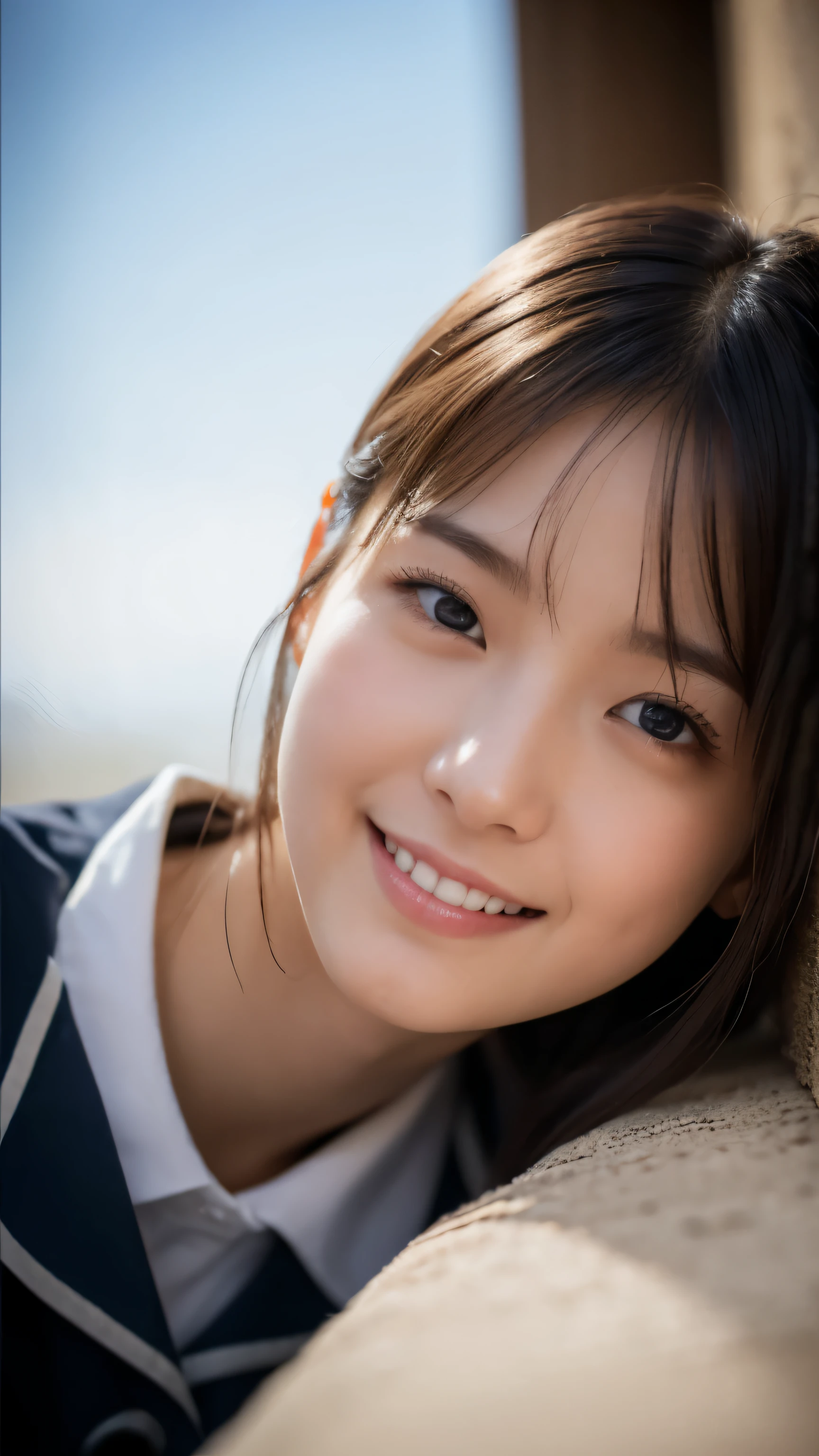 (highest quality,masterpiece:1.3,ultra high resolution),(Super detailed,caustics,8k),(realistic:1.4,RAW shooting),1 girl,(smile and look down at the camera),(front shot:1.1),(look forward to),18-year-old,cute,Japanese,Black short ponytail,school uniform,glamorous,(big ),( close),street,sunlight,Natural light,sunlight,professional writing,(cowboy shot),(low position:1.3),(Low - Angle:1.3)