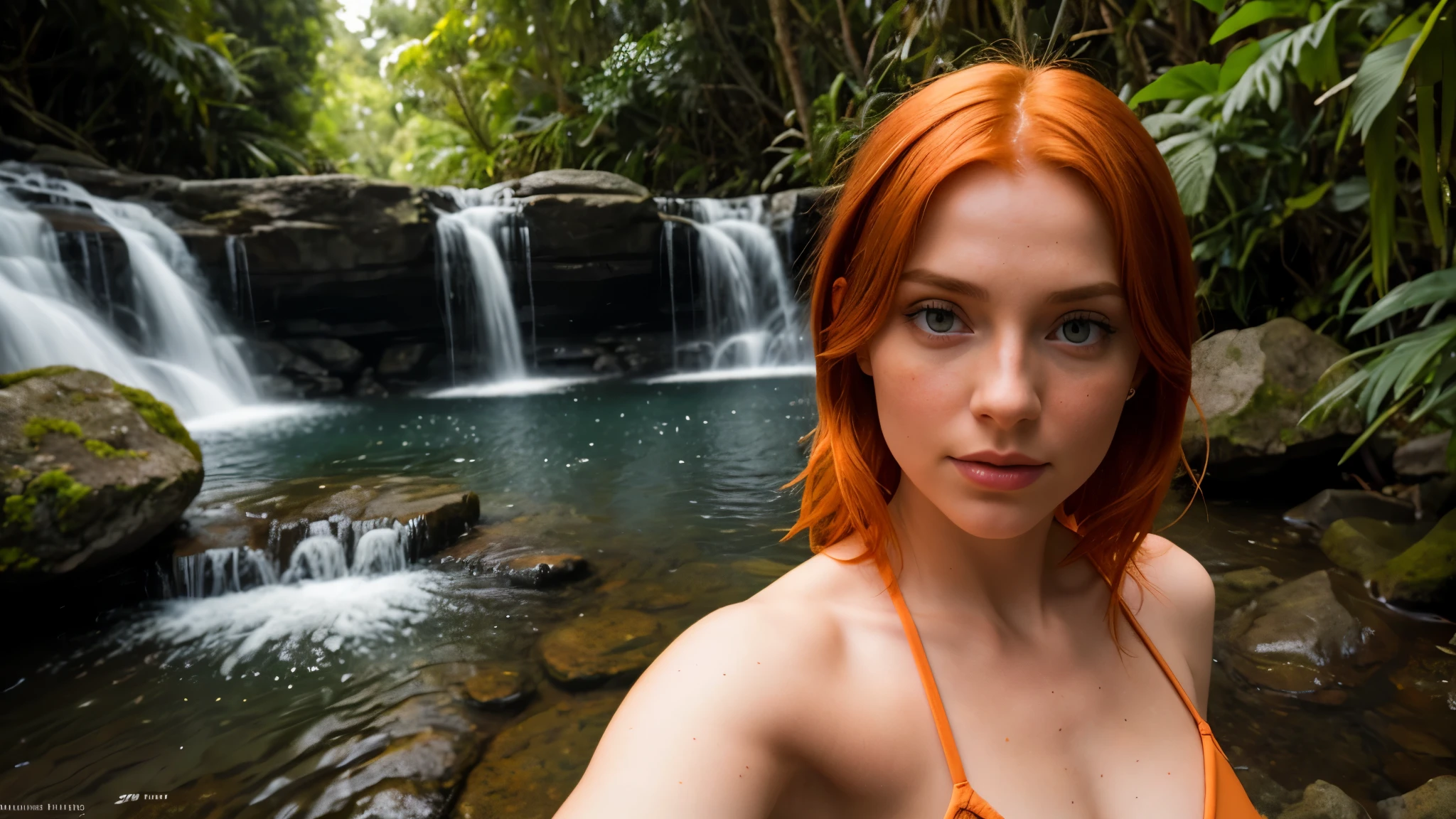 8k, best quality, (fotorrealista:1.4), Foto RAW, 1girl, red hair, orelhas de animais, Capa com capuz azul, orelhas saindo, Posar: sentado em uma rocha em um rio da floresta, olhos amarelos, -