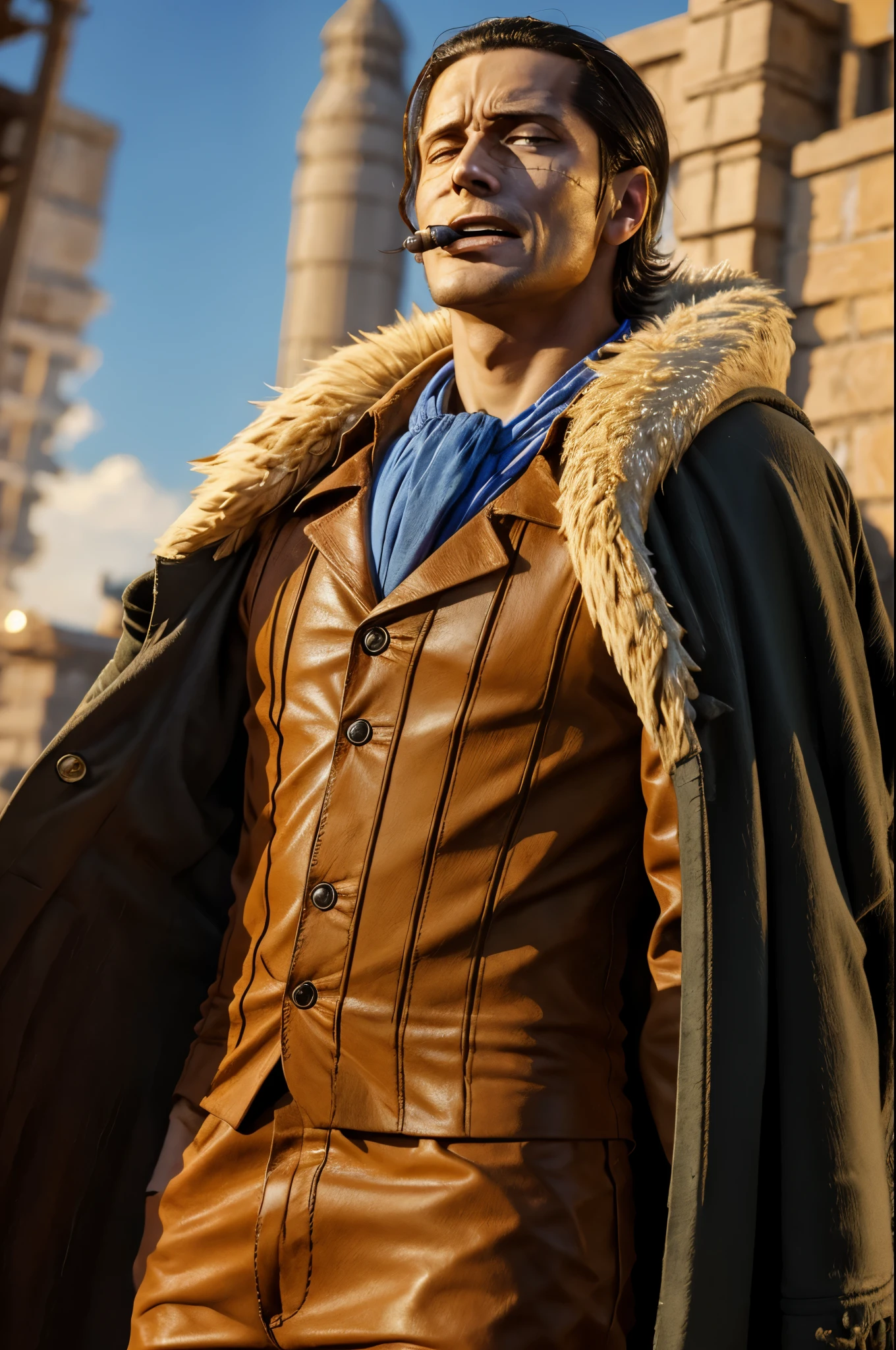 masterpiece, best quality, extremely detailed, hyperrealistic, photorealistic, a cool 40s man, ultra detailed face:1.2, fur-trimmed coat, scarf around the neck, his left hand is a golden pirate hook:1.1, buildings made of white bricks:1.2, blue sky, open mouth, annoyed, dynamic pose
