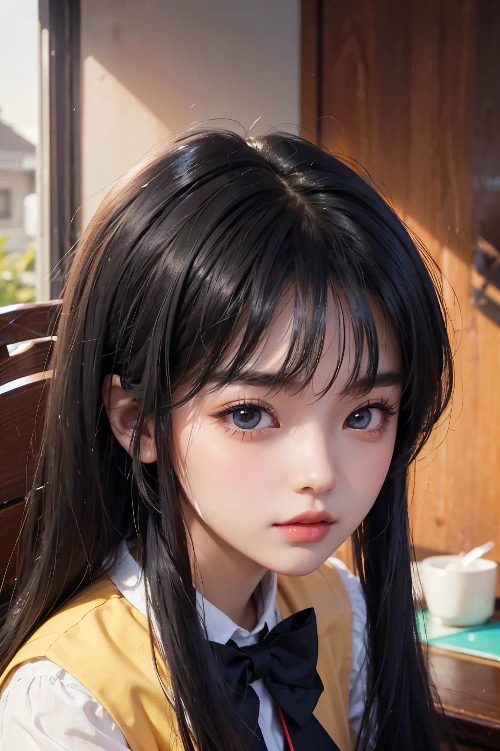 Bright expression、Best quality、超High resolution、Detailed cute and beautiful face、19 years old、Attractive bright natural、Smoother hair、Long black hair、Bright and beautiful big black eyes attractive glow、school uniform with blue ribbon 、eye liner、Double eyelids、big breasts.