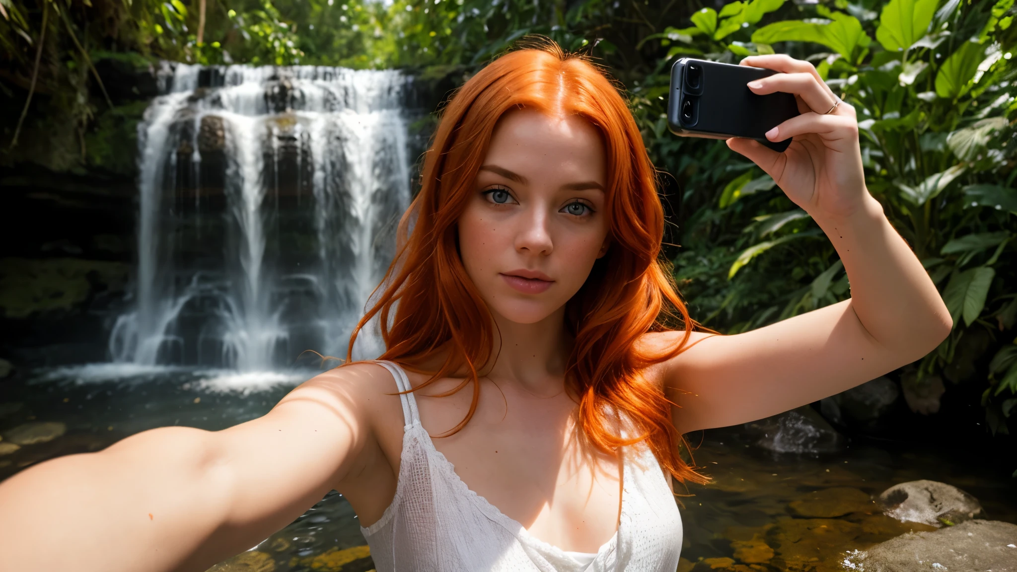 1girl, ((redhead)) with ((orange hair)), blue eyes, ((Joana Gate)) 23 years old, piercing eyes, HD , Photography, movie, cinematic, ((slim waist)), Realistic, (8k, RAW photo, best quality, masterpiece:1.2), (realistic, photo-realistic:1.33), best quality, cute,natural lighting, depth of field, film grain, sharp, detailed, ((facing camera)), she s in the middle of frame, ((taking a selfie)) in the jungle waterfall, 