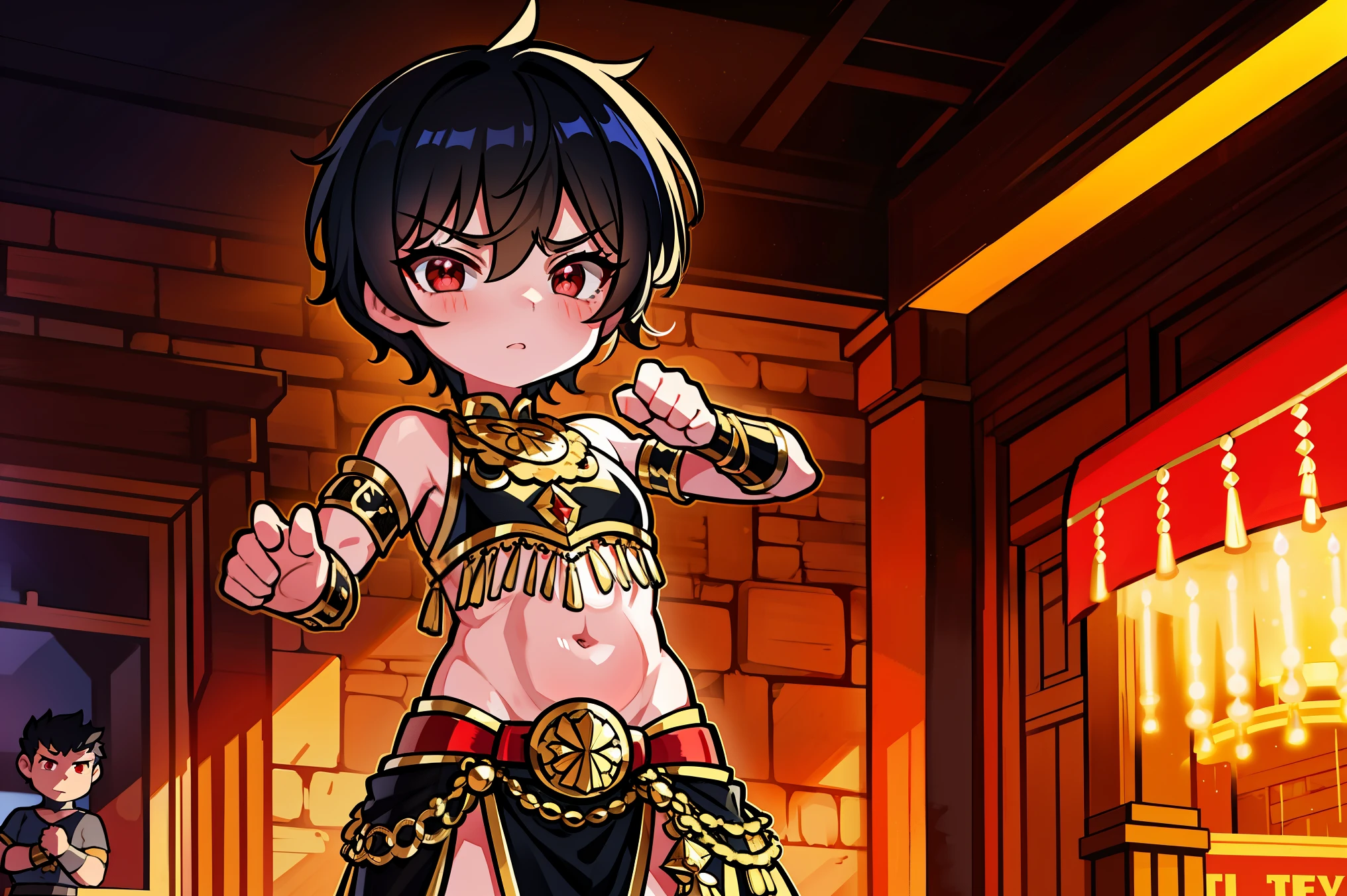 young kid, ((boy)), 8 years old, short black spiky hair. red highlights, red eyes. (belly dancer outfit), skimpy, dynamic pose, (inside fantasy tavern), standing, up close, Very good figure, extremely detailed, cinematic lighting, volume lighting, masterpiece, best quality