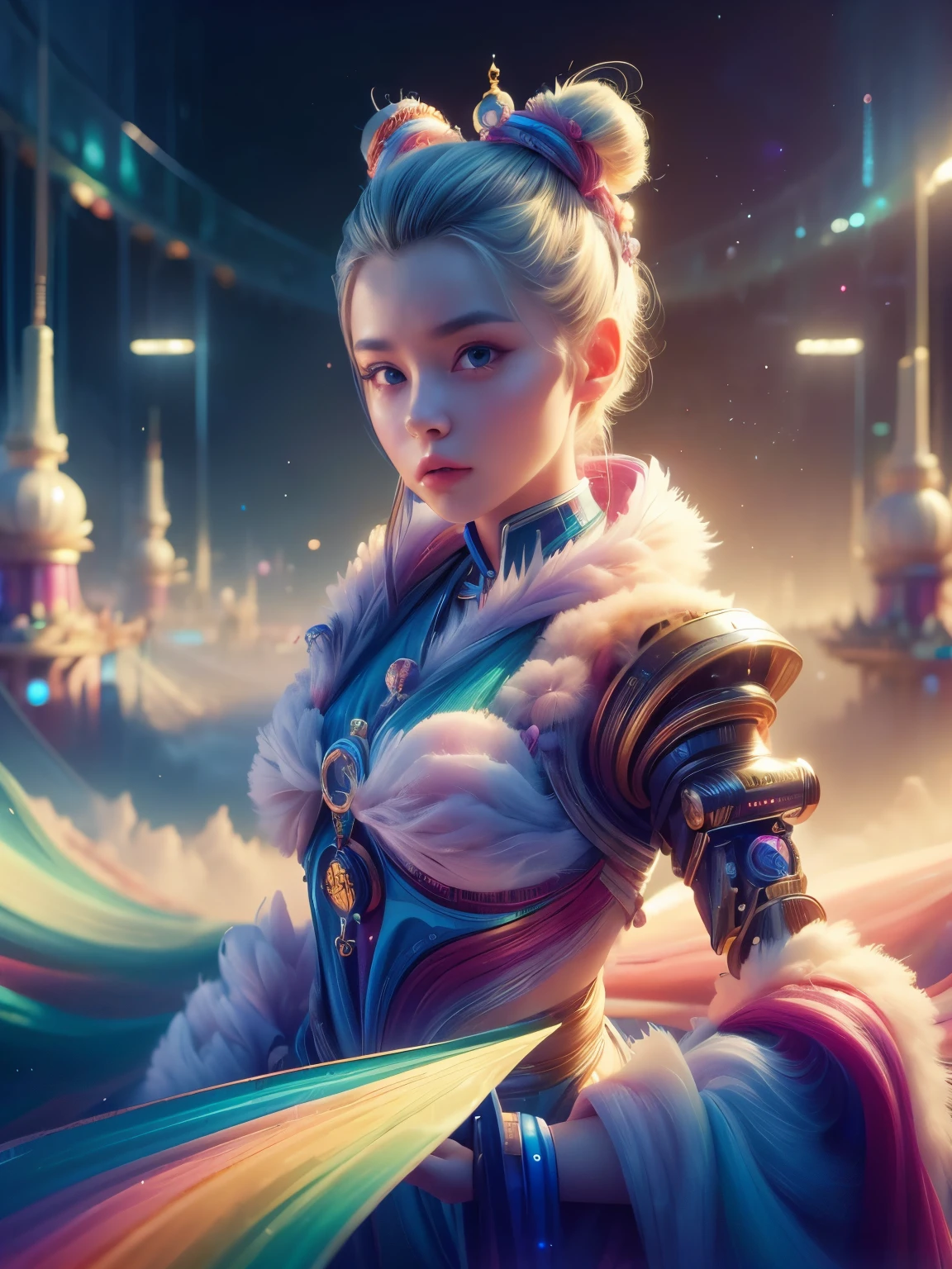 (high quality), (masterpiece), (detailed), 8K, Hyper-realistic portrayal of a futuristic (1girl1.2), Japanese character. Meticulous details bring the character to life in this visually stunning composition, showcasing the seamless blend of tradition and innovation. Trending on Artstation.