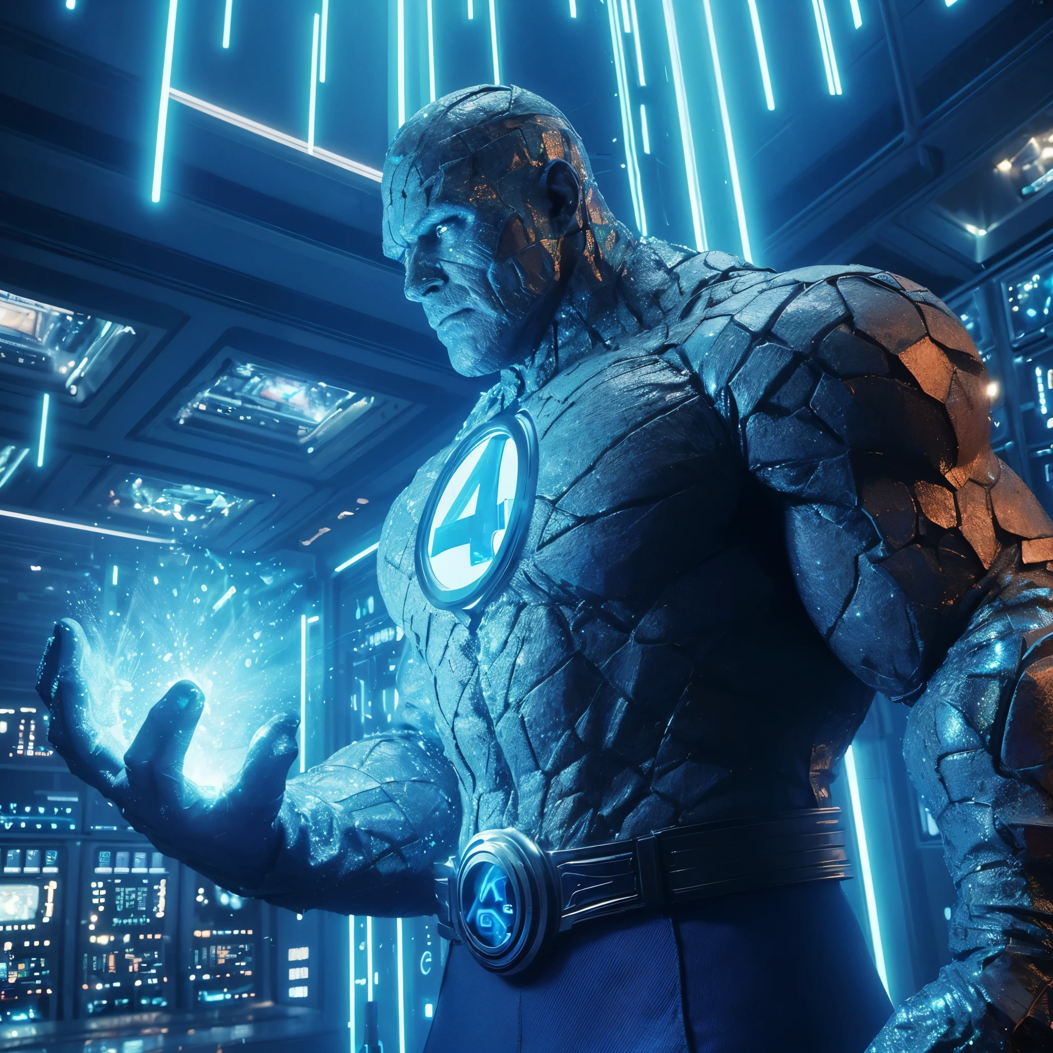 (very sharp result, full body desaturated photo) (((stone copper body shading))), (((Best Quality))), (((masterpiece))), (((hyper realistic photo))) backlight shade, human stone (BULK DISTORTED BIG BODY) fantastic four The Thing (((classic 50`s sci-fi blue fabric suits "4" logo on chest, big size costume))) (blue light ones))), ((palm hands sparks light showing a 3d image of a middle age man in blue hologram)), neon lights environtment, inside hi-tech space facility,4K
