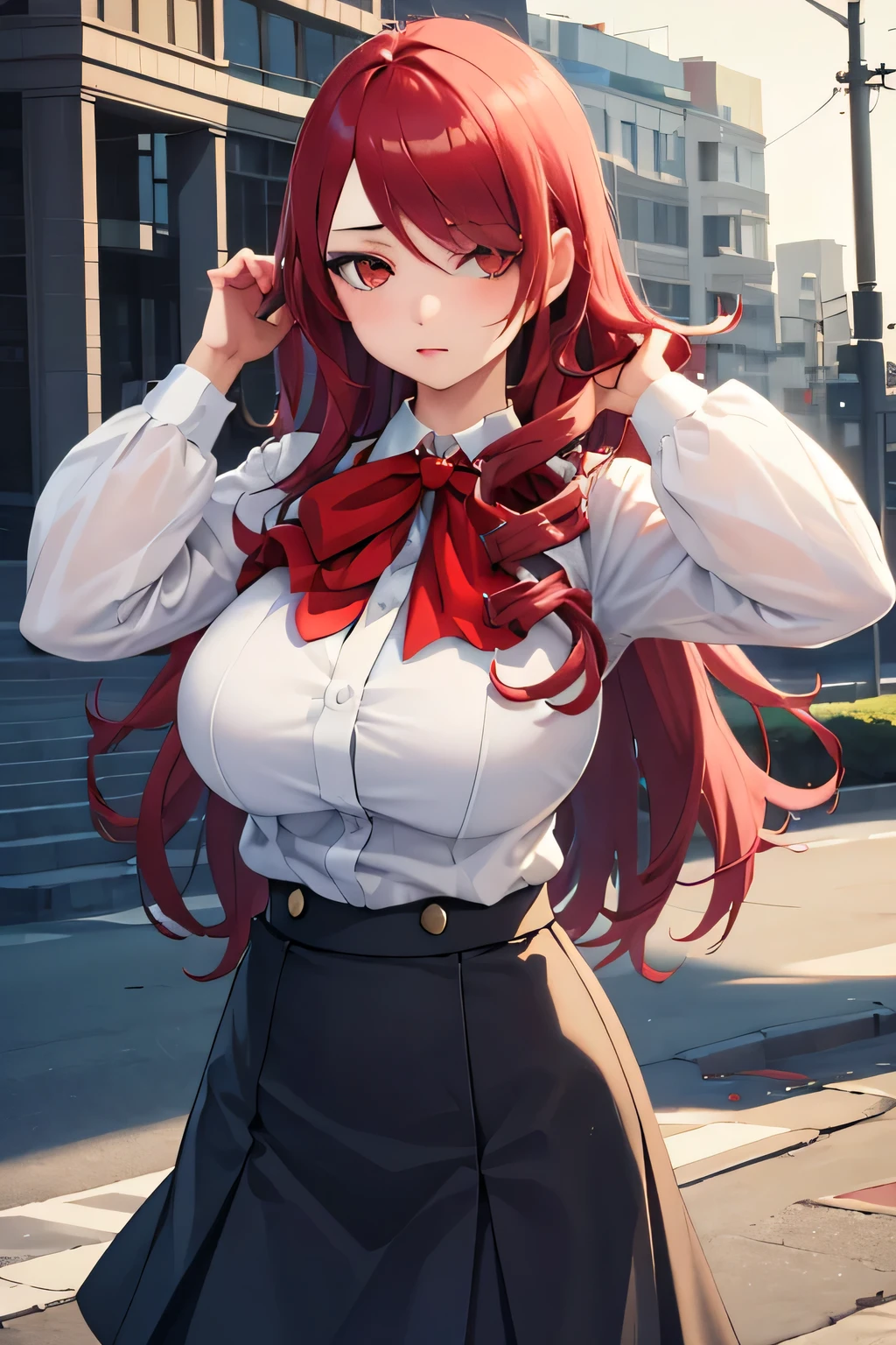 (masterpiece, best quality:1.2), cowboy shot, solo, 1girl, kirijodef, expressionless, looking at viewer, hand in own hair, hair over one eye, school uniform, bow, skirt,huge breasts