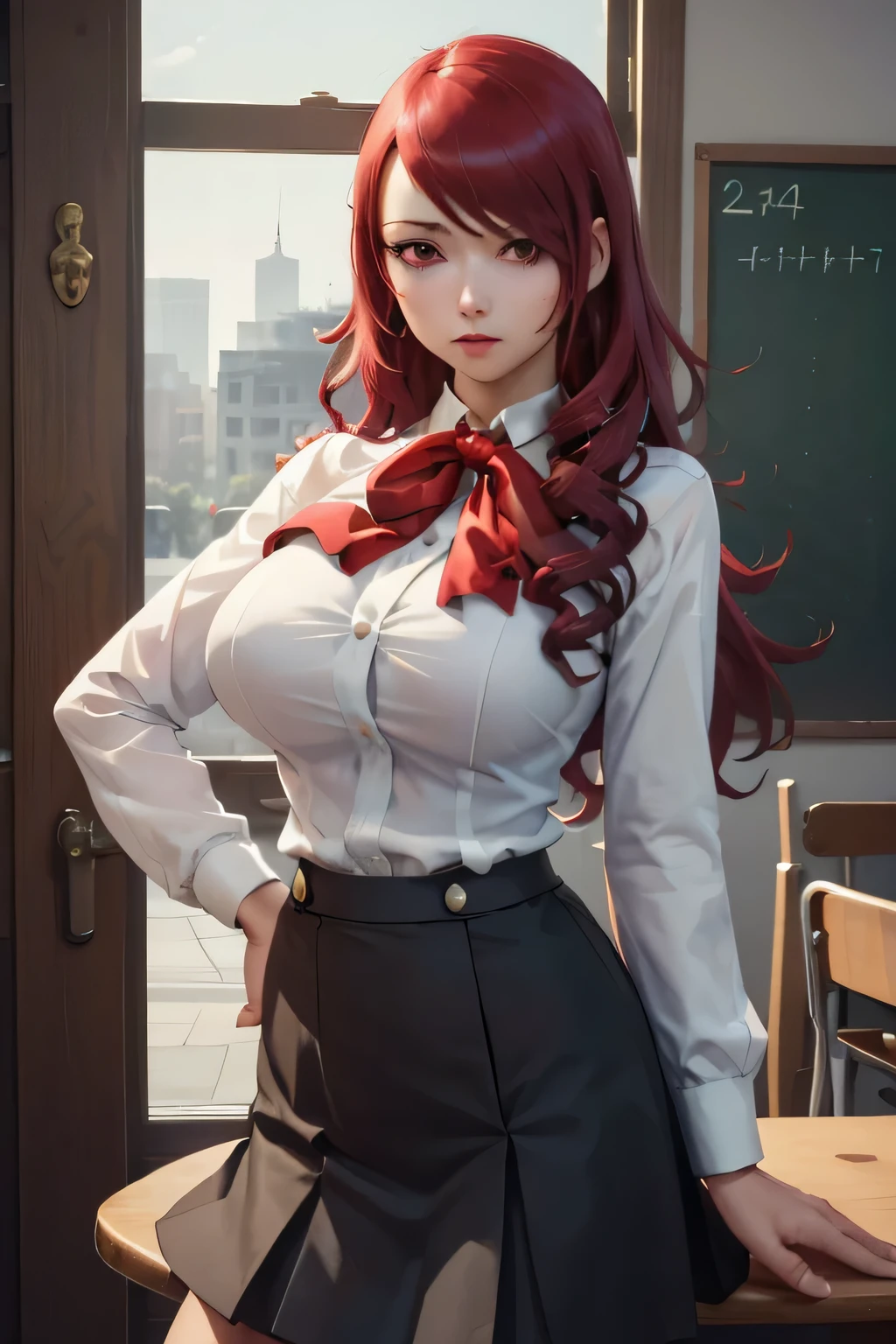 (masterpiece, best quality:1.2), cowboy shot, solo, 1girl, kirijodef, expressionless, looking at viewer, hand in own hair, hair over one eye, school uniform, bow, skirt,huge breasts