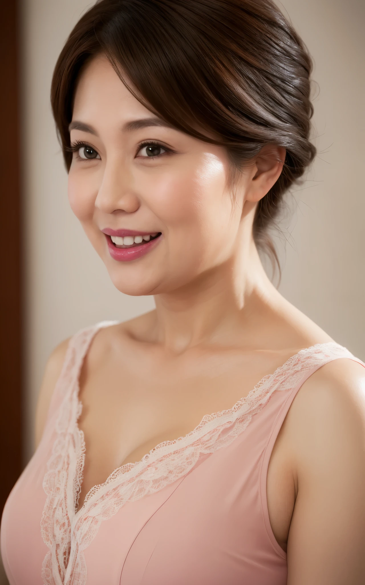 8k wallpaper, ​masterpiece, top-quality, ultra-detailliert, 1 milf, 50 years old, beautiful mature, Highly exposed, transparent camisole:0.5, Skindentation, seducting smile, Thick lip, chubby lips, red blush, looking at the viewers, cleavage, Plump, Curvaceous, massive hips, seductived faced, Naughty face, open mouth tongue out, Delighted, 
