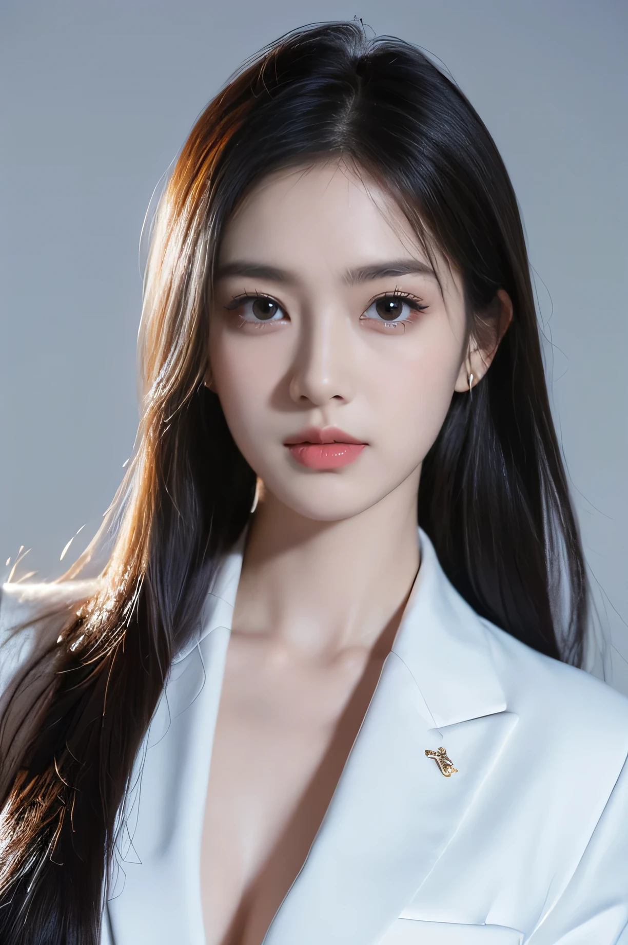 tmasterpiece,Best quality,A high resolution,8K,(Portrait photograph:1.5),(Head close-up),(ROriginal photo),real photograph,digital photography,(Girls in the workplace),(Female president),20 year old girl,random hair style,By bangs,(green-eyed),Serious and obsessed with breasts, accessories,Keep one's mouth shut,elegant and charming,Serious and arrogant,Calm and handsome,(Women's professional attire),Photo pose,Realisticstyle,gray world background,oc render reflection texture