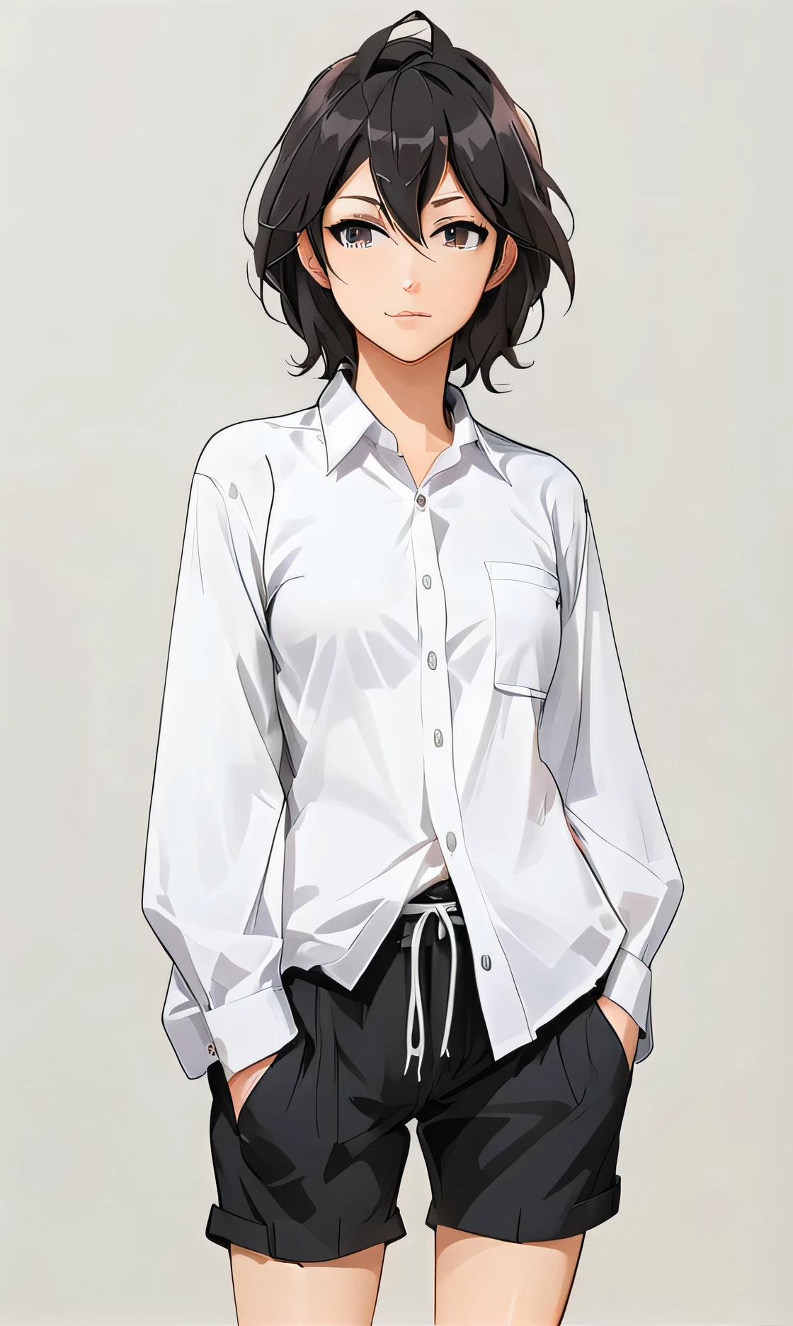 a drawing of a woman in a white shirt and black shorts, anime style character, clean detailed anime style, style anime, in an anime style, in anime style, 2 d anime style, as an anime character, anime full body illustration, kantai collection style, fubuki, anime character, tsubasa nakai's style, modern anime style, full body!!