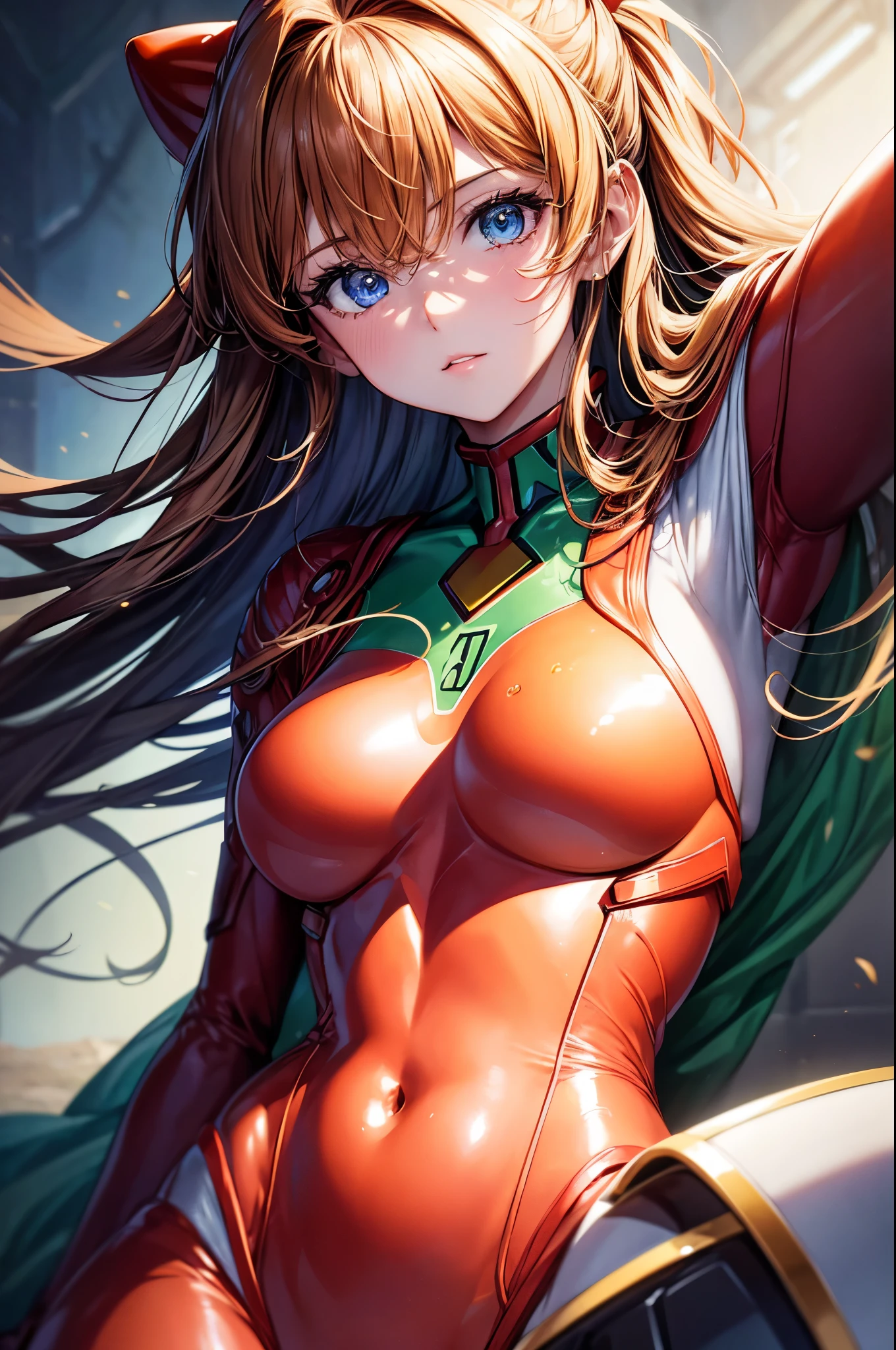 (highest quality, High resolution:1.2), 1 girl, detailed and beautiful eyes,EVA Asuka、Soryu Asuka Langley、dense and beautiful lips, highly detailed eyes and face, long eyelashes, Moderate:oil, Bright colors, HDR, studio lighting, Ultra-fine painting, sharp focus, Physically based rendering, extreme details, portrait, curved body, , perfect shape, Face-to-face audience, sweaty, nice, Half-body photo, displayed in full frame、plug suit