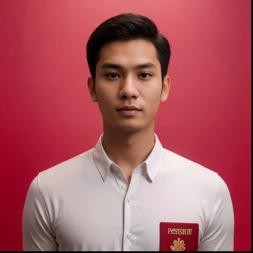 Photorealistic passport photo, 25-year-old Indonesian man with a thin, fat body, wearing a neat plain white shirt, behind a blank man. Plain bright red background color, blank background, blank background, no passport book, very realistic, front view. Very HD. realistis nyata