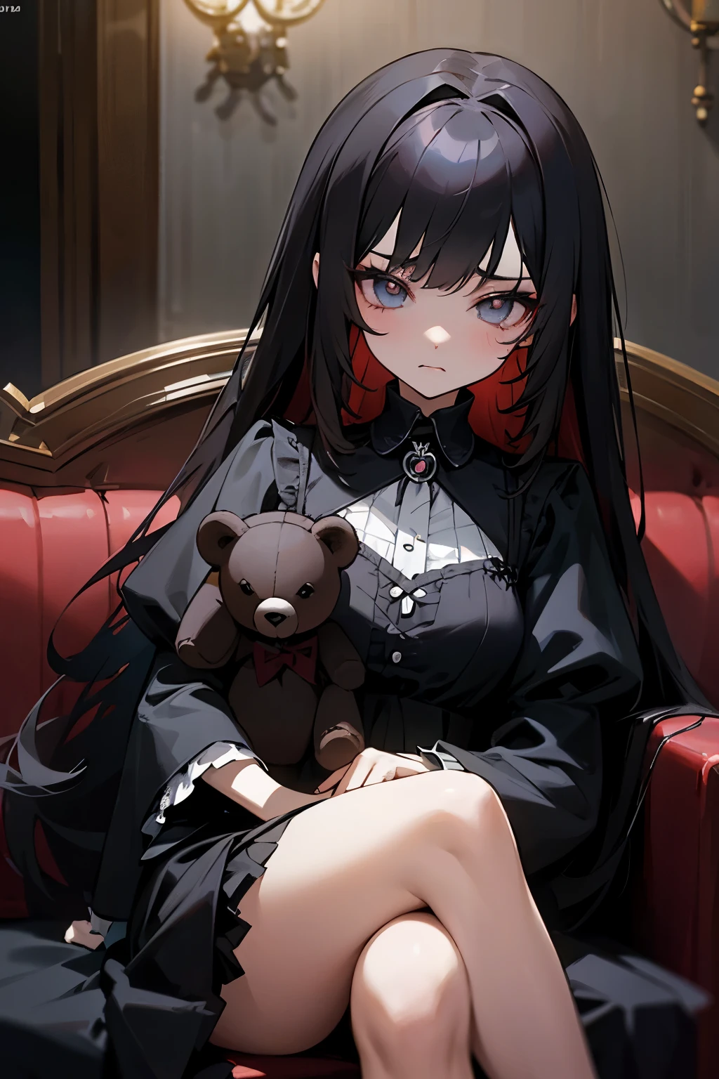 tmasterpiece，high qulity，4K,detailed official art，，(the detail:1.4)This is a painting，Depicts a girl sitting on a couch holding a teddy bear。The game is designed with dark fantasy characters，The atmosphere seemed ominous。The girl has sharp eyes and a gothic face，Anime girl with black hair and white dress holding teddy bear, gothic maiden anime girl, 1 7 - year - old anime goth girl, nightcore, Anime girl wearing black dress,anime visual of a cute girl, An anime girl, Kawasi, Fierce anime girl, Incorporates elements of dark fantasy，brunette color hair，The proportions are correct