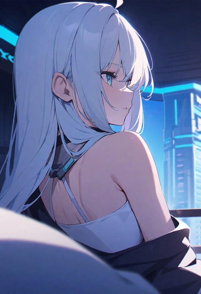 Shirakami Fubuki/(Holographic live broadcast/),(very beautiful, best quality, Super detailed),intricate details,huge ,hotel,,cyberpunk,bare shoulders,look away,open jacket,