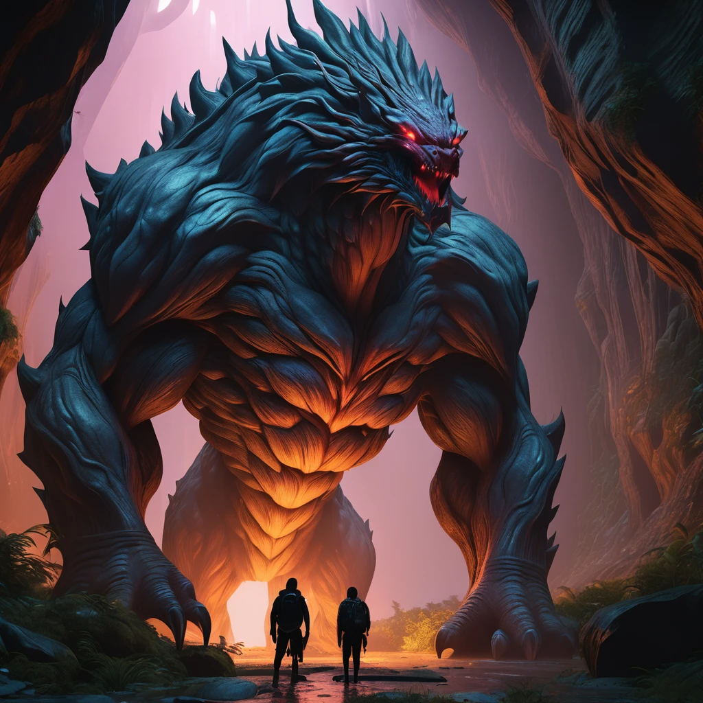 Giant creature, aesthetic, extremely detailed, Giant Creature in a dark cavern, Hyper realistic, Dark-Art, 8K, concept art, filmic, HDR, volumetric lighting, highly detailed, cinematic lighting, artstation, vibrant nature, volumetric light, octane render, redshift render, camera close up, rich deep moody colors, ultra realistic