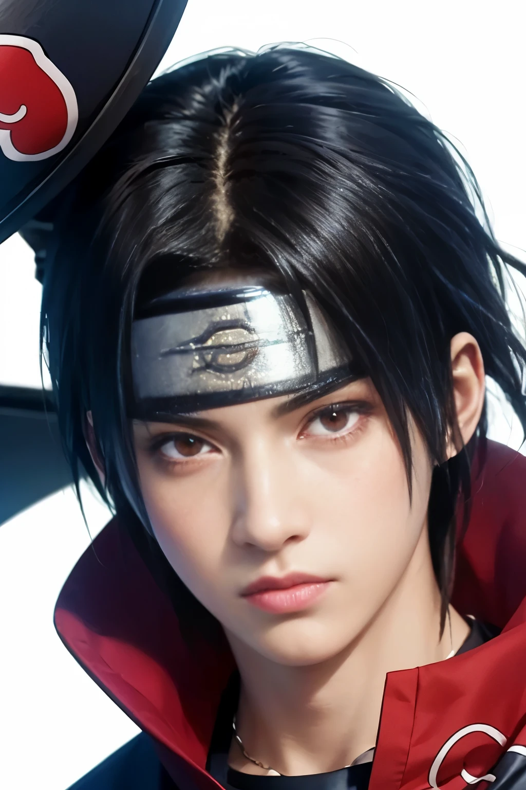 1boy, itachi, white background, using sharingan, sharinhan eyes, masterpiece,detailed face, rainy, village