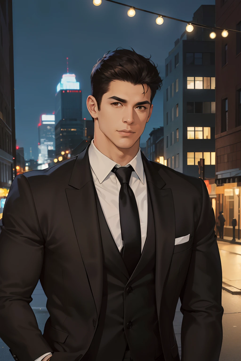 (absurdres, highres, ultra detailed, realistic, ), 1 male, solo, adult, mature, tall muscular guy, broad shoulders, handsome, very short hair, black hair, brown eyes, angular jaw, thick neck, thick eyebrows, night, dark, the night view of the city background, formal suit, necktie, upper body
